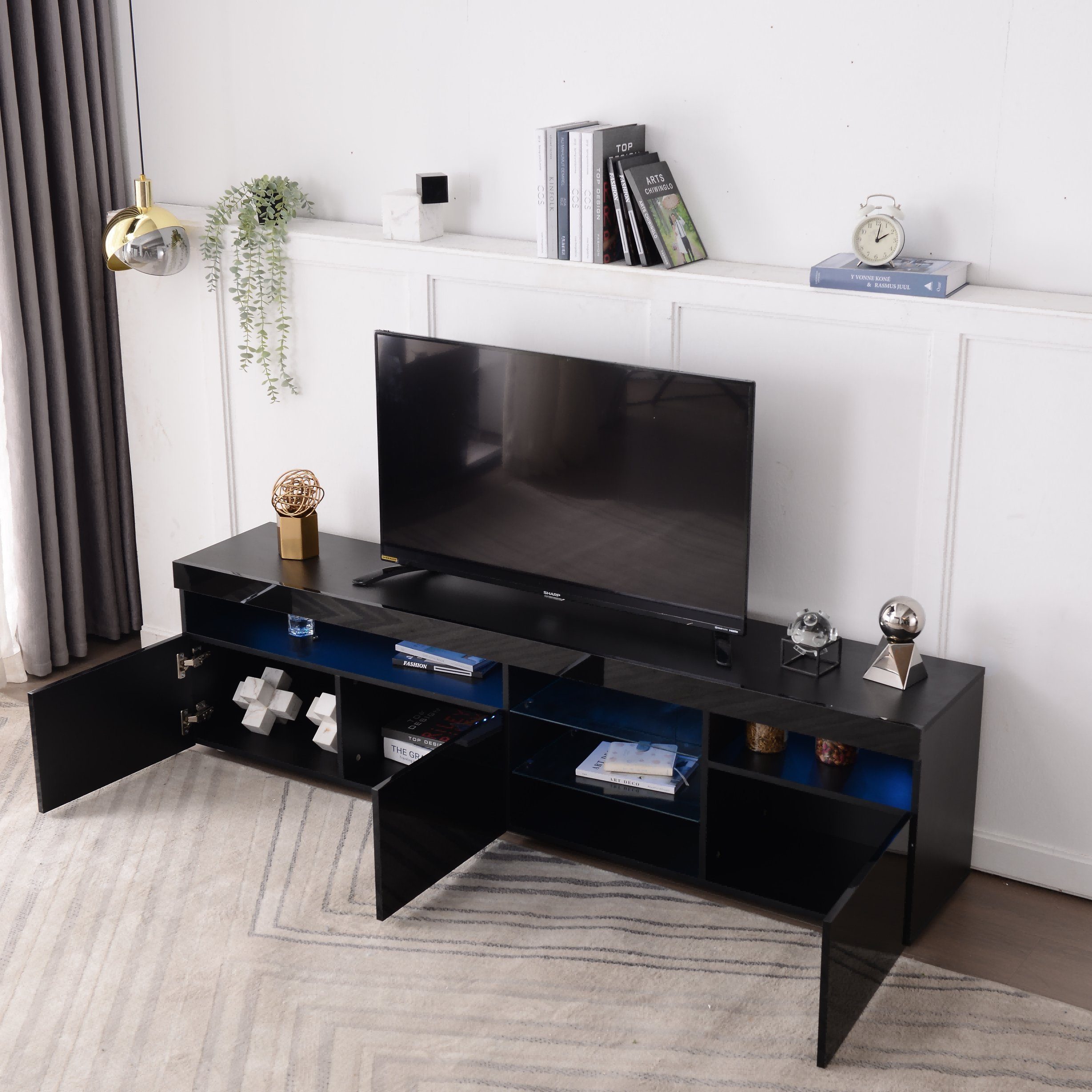 REDOM TV-Schrank Fernsehschrank TV-Lowboard (mit LED-Beleuchtung (3 Schranktüren) Variable LED-Beleuchtung Schwarz