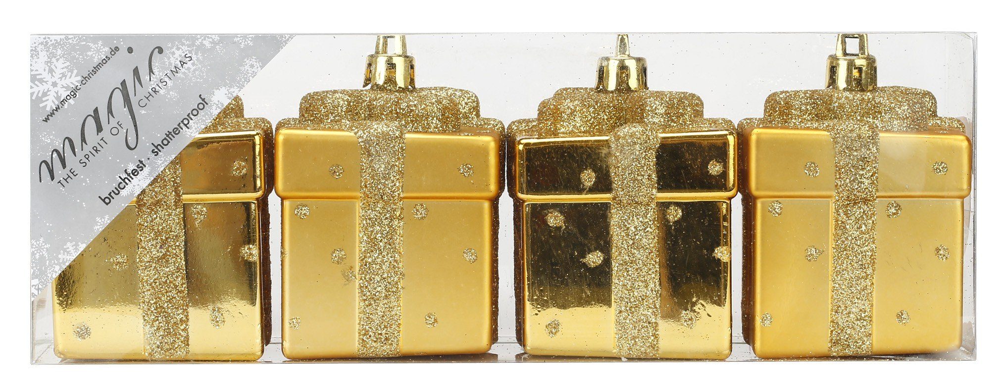 Holly & Jolly Christbaumschmuck, Christbaumschmuck Geschenkbox 6cm Kunststoff 4er Set - Gold