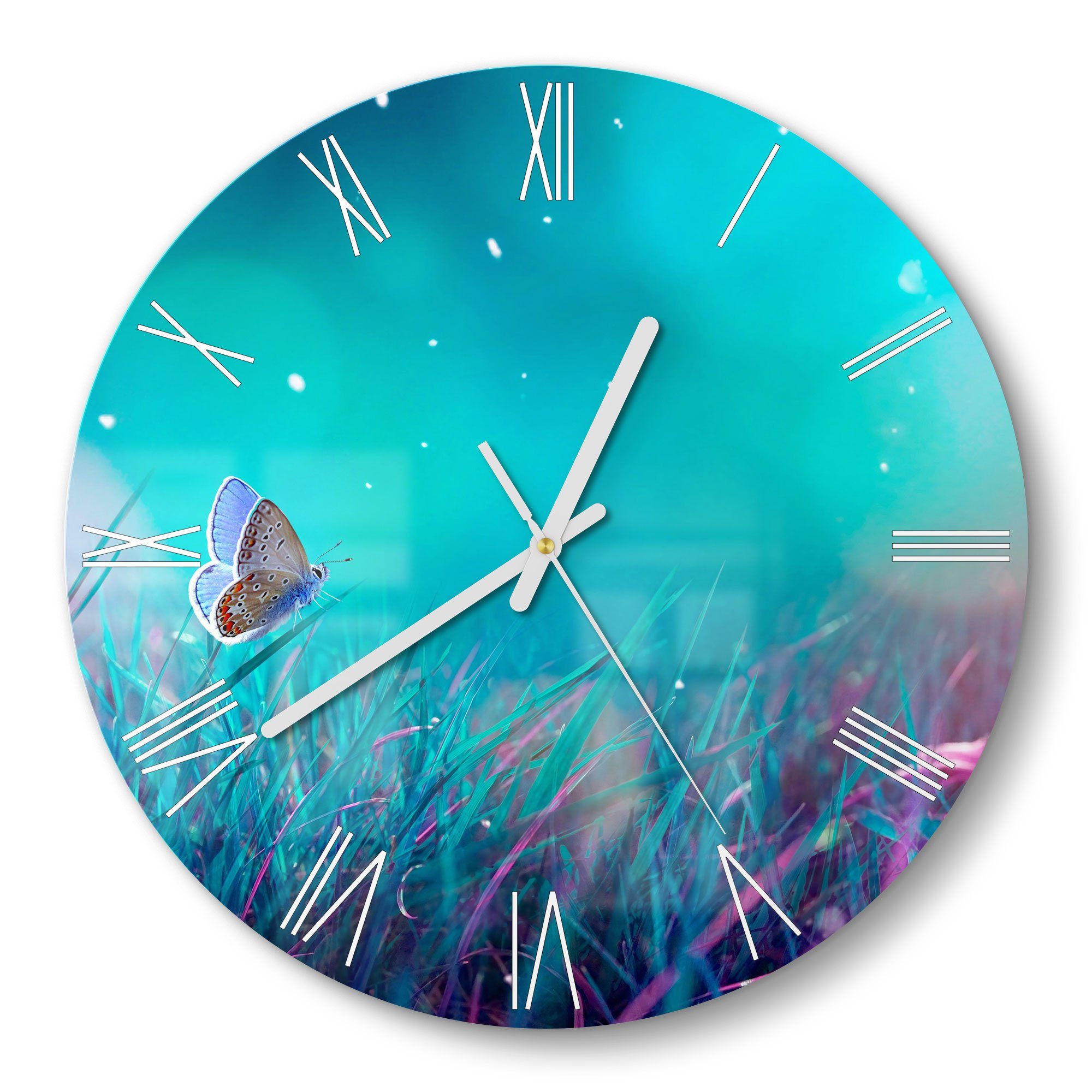 DEQORI Wanduhr 'Märchenhafte Wiese' (Glas Glasuhr modern Wand Uhr Design Küchenuhr)