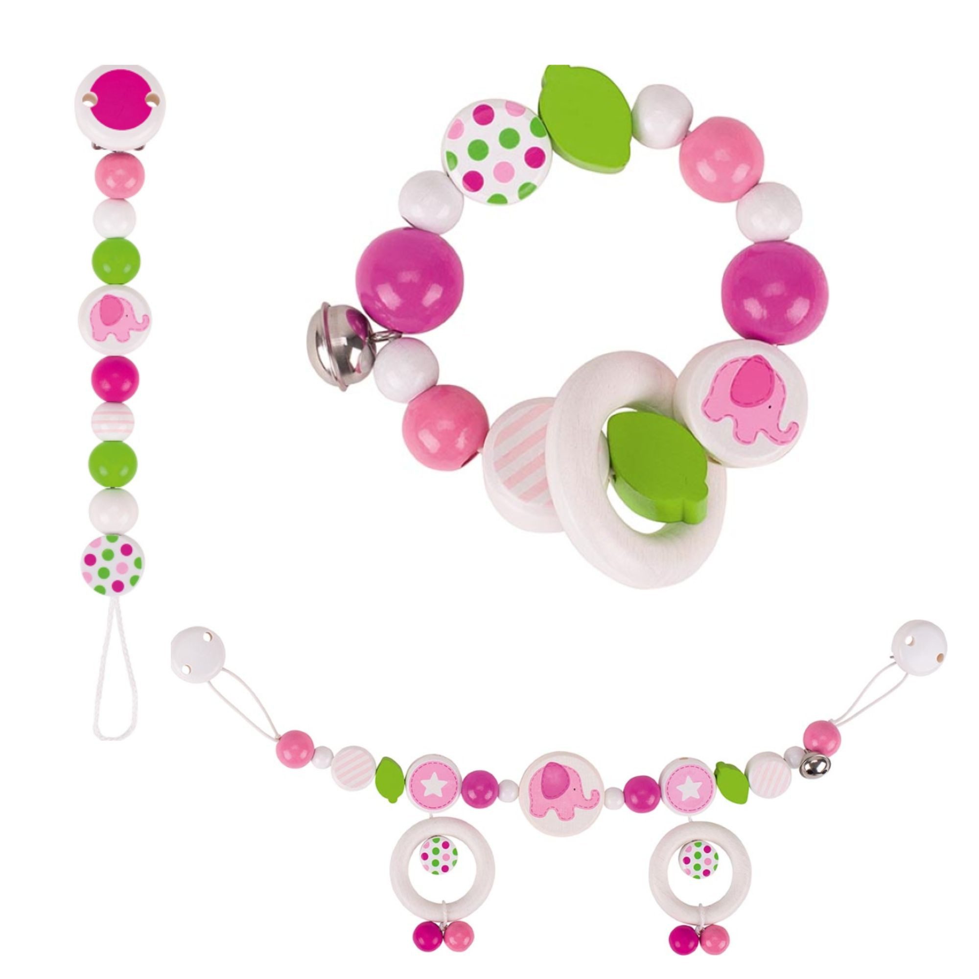 goki Greifspielzeug goki-Set „Rosa Elefant"; Greifling, Schnuller- und Kinderwagenkette (3-tlg)