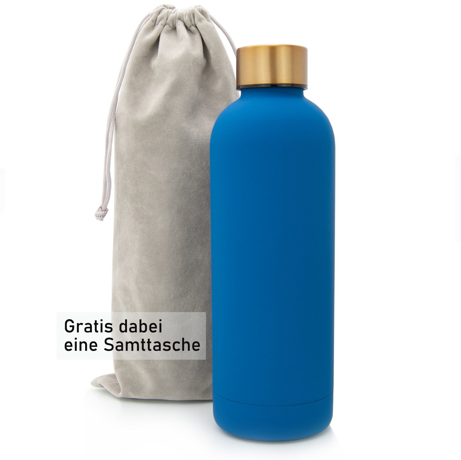 TRENDY AND NEW Thermosflasche für für HEISS & INSULATION Blue Classique HIGH 14h EFFECTIVE 0,5l Sprudel-Wasser T&N Edelstahl Gold Trinkflasche 500ml, Kaffee, Samttasche GRATIS TECHNOLOGY Isolierflasche mit unterwegs, hält Kohlensäure, Classique Flasche mit EISKALT, für auslaufsichere Trinkflasche Wasserflasche Büro, Thermoskanne 29h für für Tee