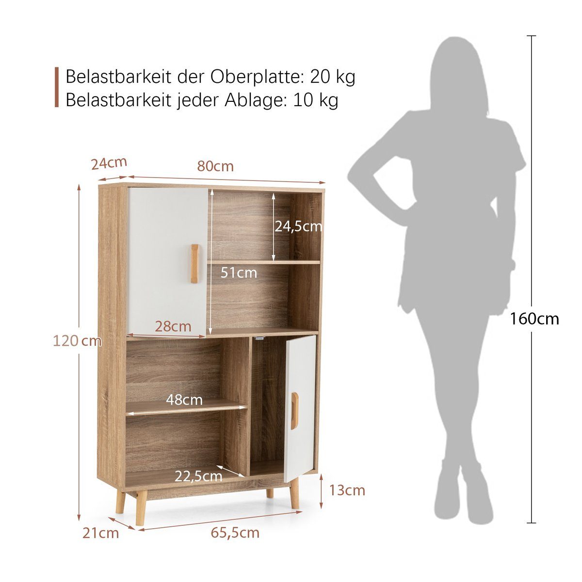 2 Bücherregal, 4 mit & Kippsicherung, COSTWAY Regalen, Türen Holz, Weiß 80x24x120cm