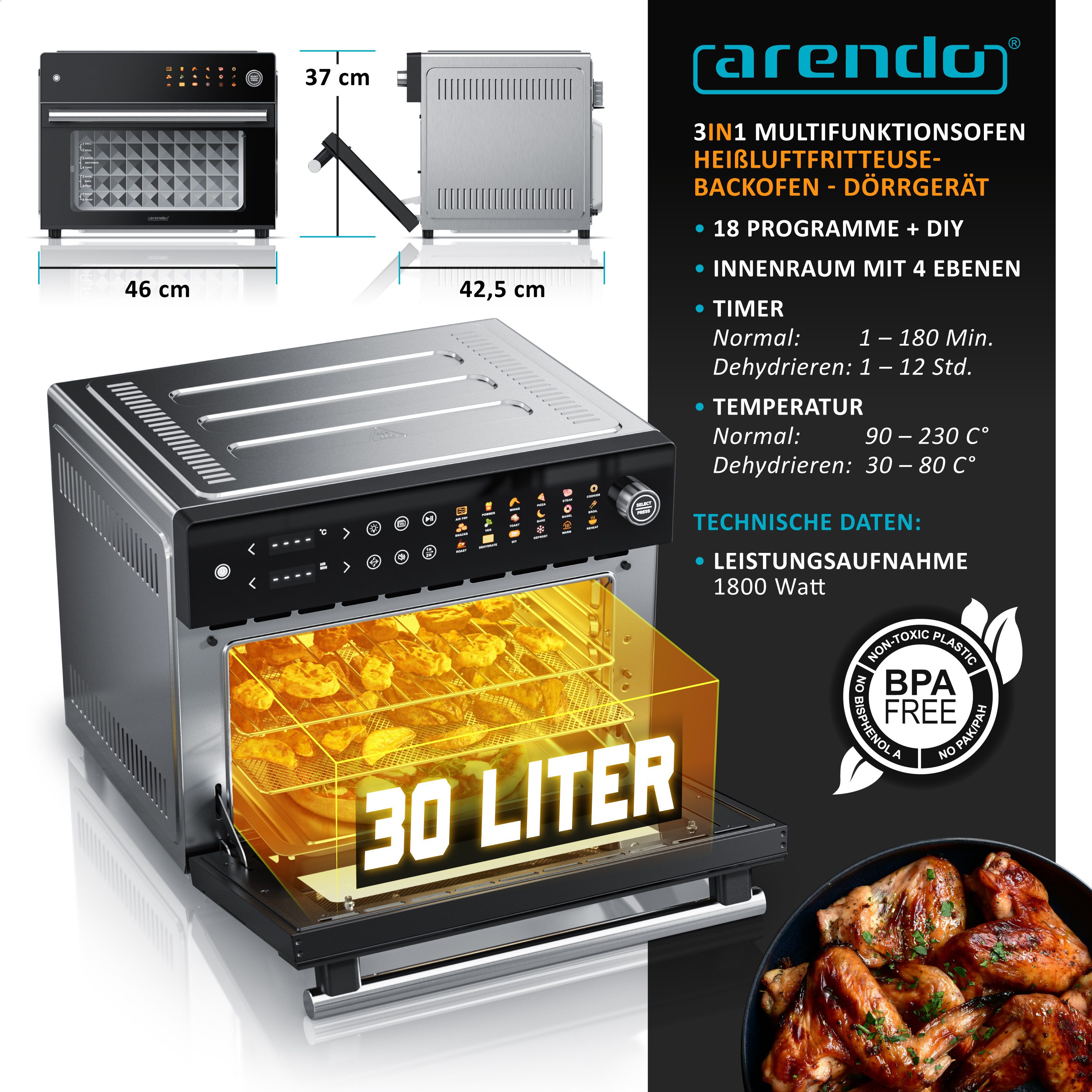 Arendo Minibackofen Airfryer 30L Edelstahl Multifunktionsofen, XXL Heißluftfritteuse 1800W, mini Backofen Dörrgerät + Zubehör, Drehspieß, rotierender Frittierkorb