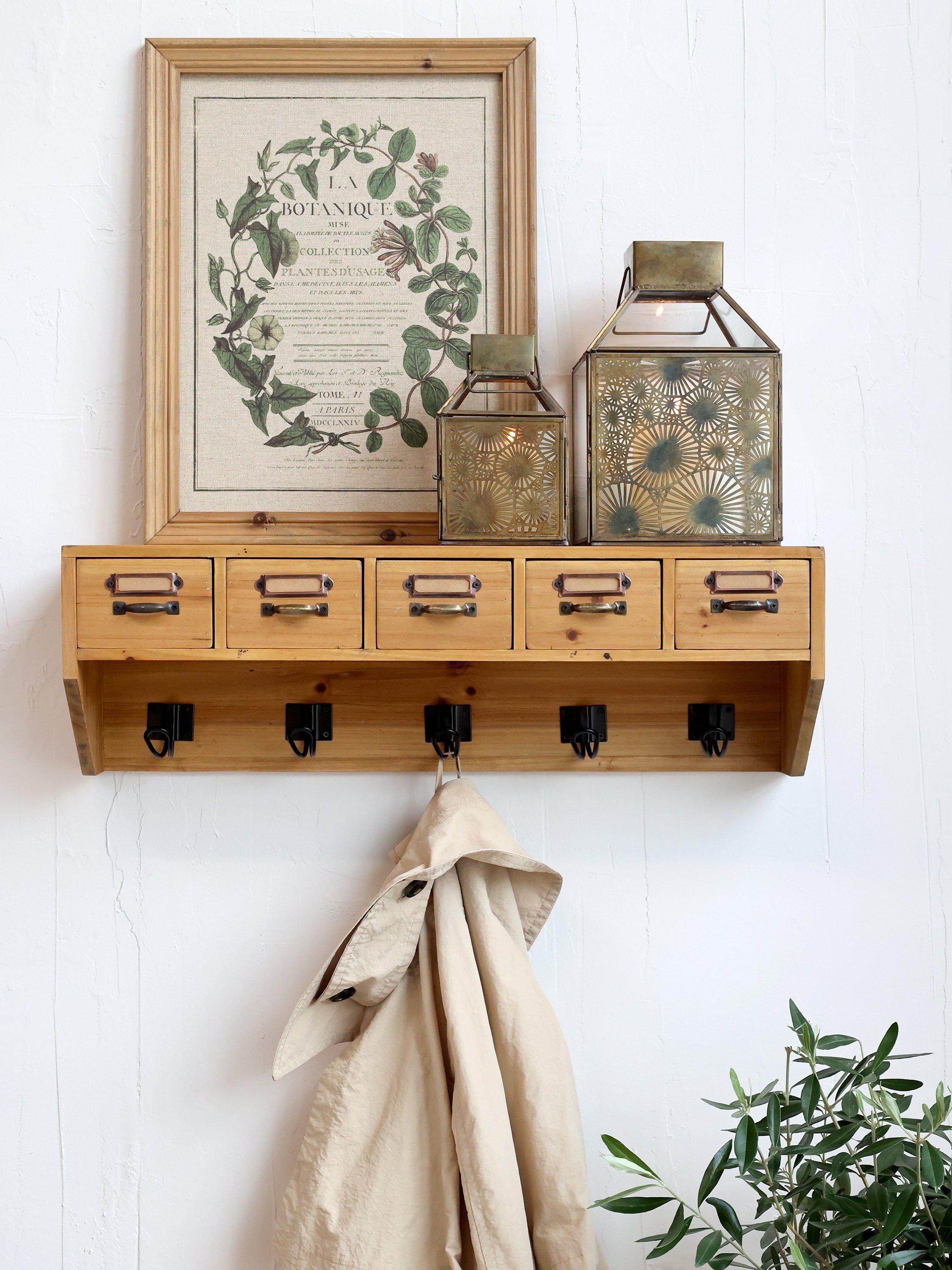 Chic Antique Wandregal Wandregal Regal Holz mit 5 Schubladen und 5 Haken Braun Chic Antique