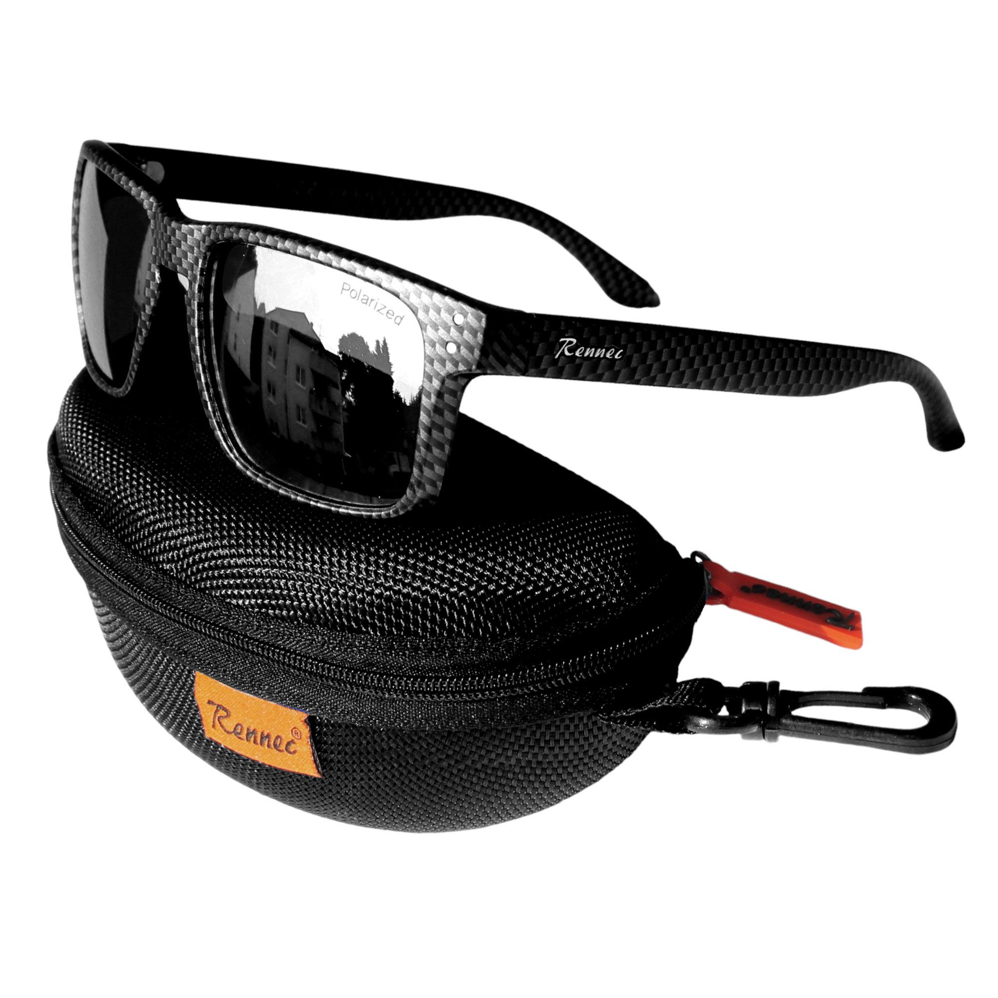 Rennec Sonnenbrille (Marken Sonnenbrille Herren Rechteckig Verspiegelt mit Hardcase) Polarisierte Gläser, Edelstahl Bügelgelenke, Carbon Optik
