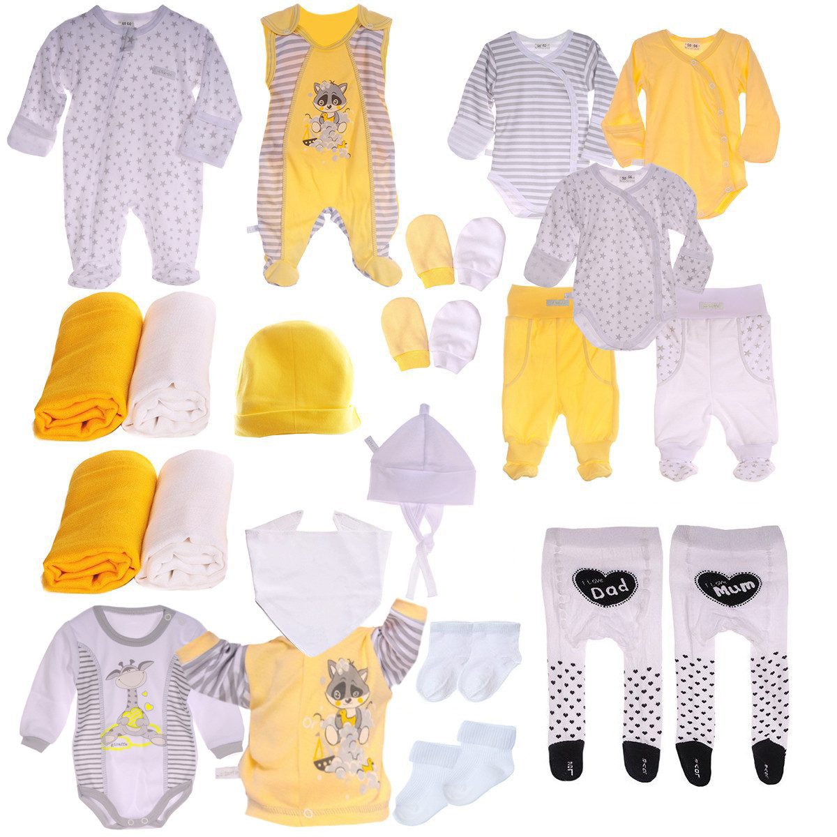 La Bortini Erstausstattungspaket Baby Set 22 Teile Body Hose Strampler Strumpfhosen Shirt Socken aus Baumwolle, 44 50 56 62 Spucktücher Sabbertuch