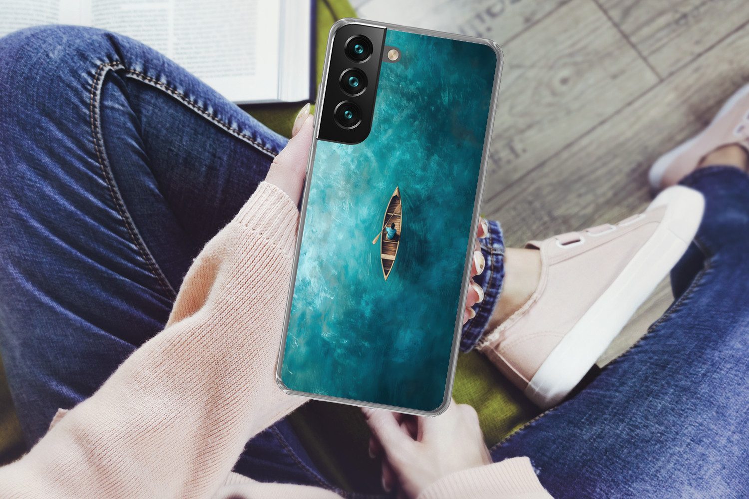 MuchoWow Handyhülle für Samsung Galaxy S22 Boot - Wasser - Blau, Phone Case, Silikon, Schutzhülle Dünn