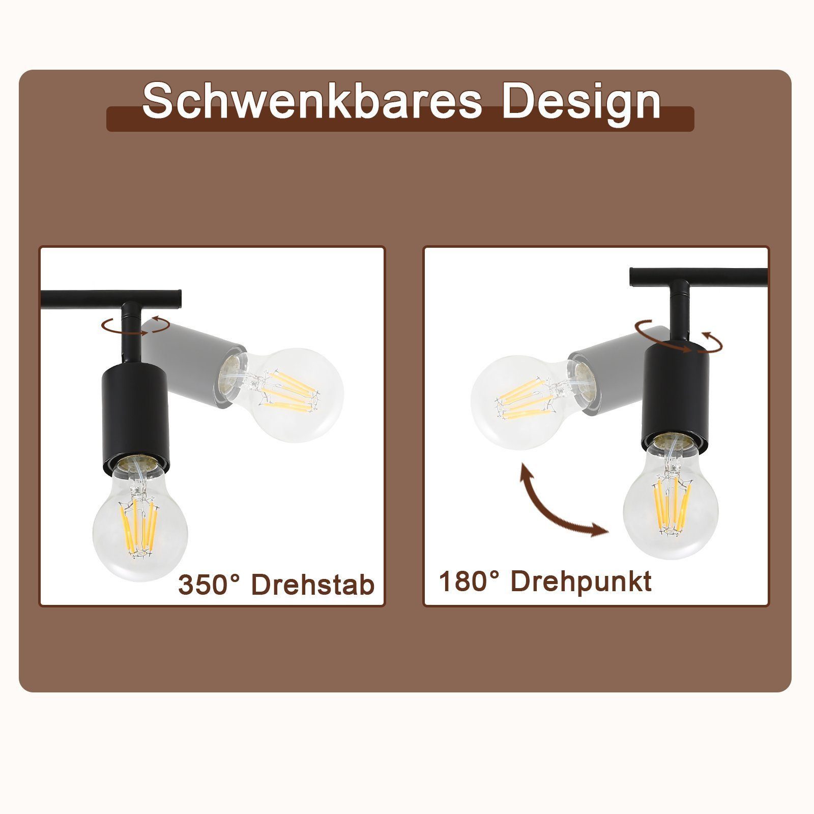 Nettlife Deckenstrahler Schwarz 1/2/3/4/6 Flammig Deckenleuchte E27 Industrial Vintage, Schwenkbar, LED wechselbar, Küche Flur Wohnzimmer Schlafzimmer – Bild 3 von 5