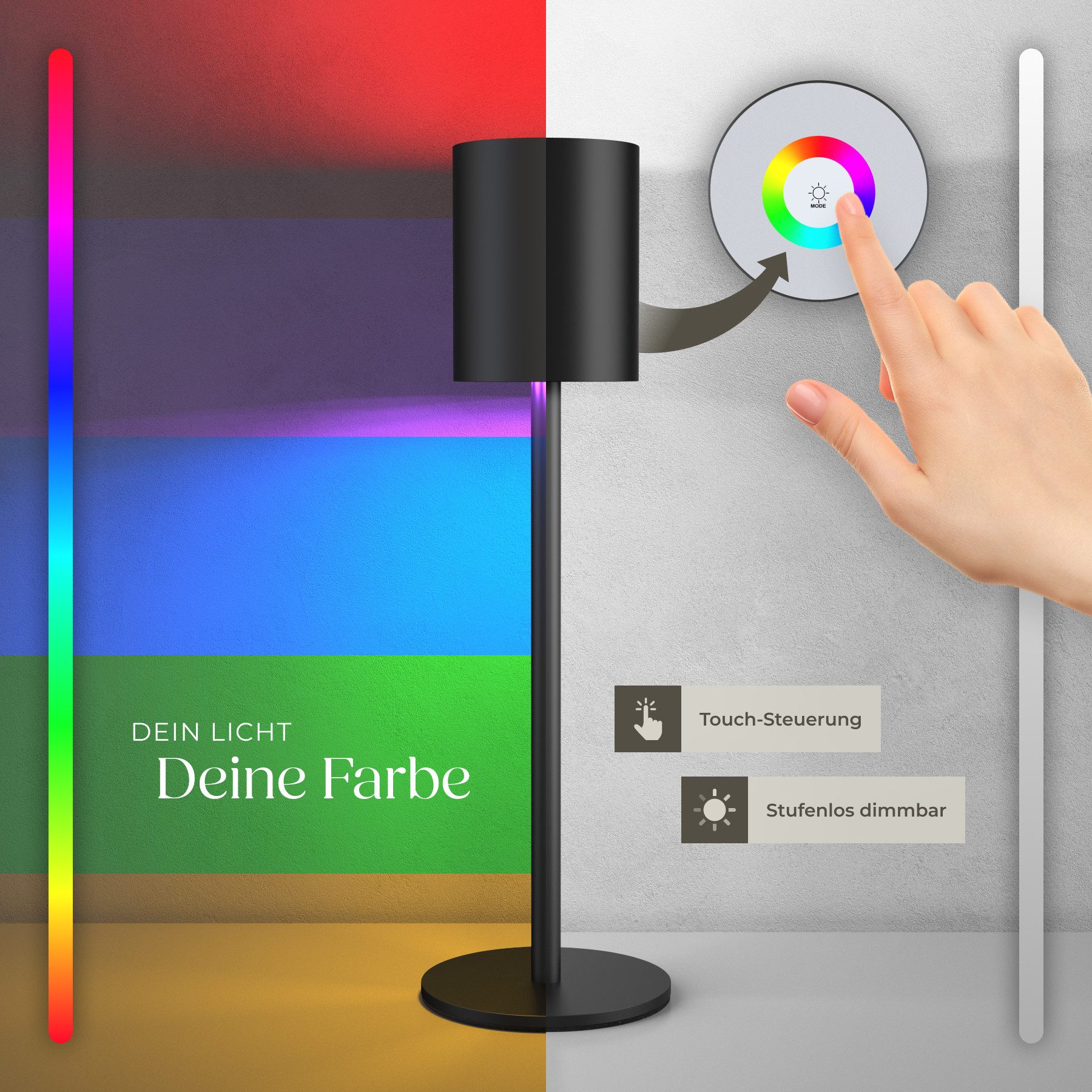 tectake Schreibtischlampe Akku-Tischlampe mit Metallgehäuse, inkl. Ladekabel, 10 x 37 cm, Dimmbar, Warmweiß, Modernes Design, stufenlos dimmbar, 7 RGB-Lichtfarben, Touchpanel