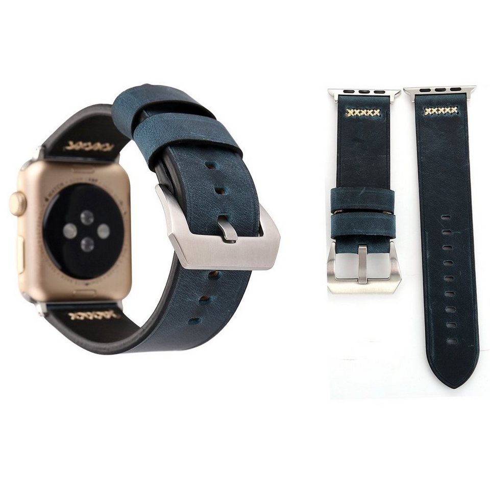 Wigento Smartwatch-Armband Echt-Leder Armband für Apple Watch Serie 1 / 2 /  3 42 mm Blau