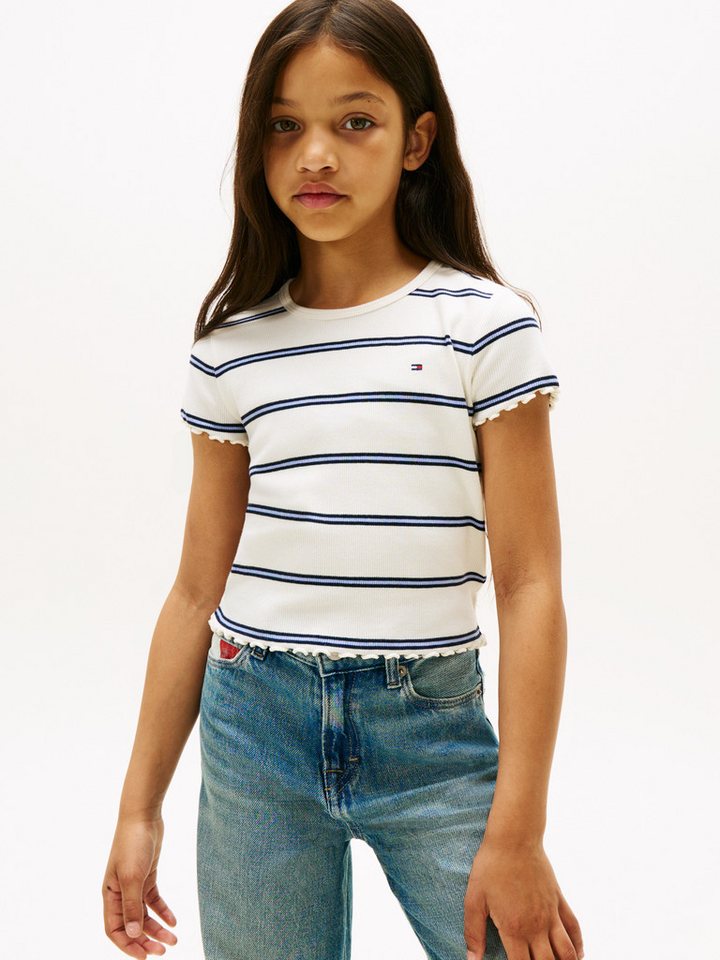 Tommy Hilfiger T-Shirt ESSENTIAL RIB TOP mit Babylock-Kanten und Stickerei unifarben, casual, regular fit, Baumwollmix, Rundhals