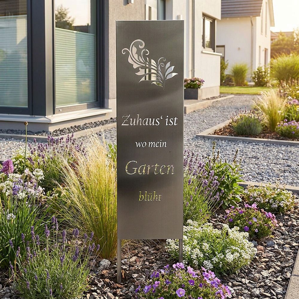 Harms Import Dekoobjekt, Gartenschild FARN Motiv Erdspieß elegant Edelstahl silber 119 cm