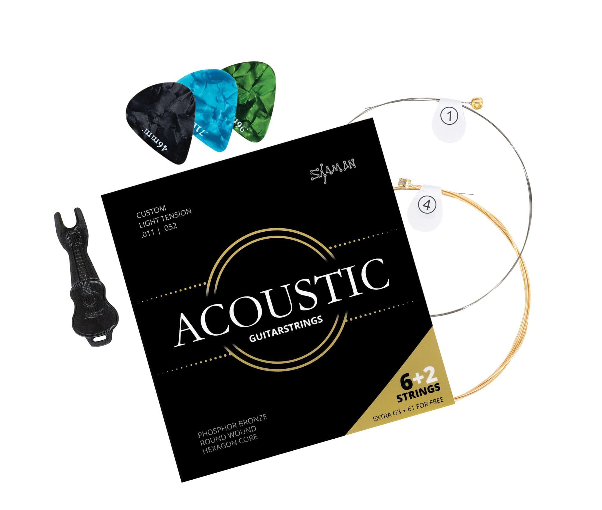 Shaman Saiten Acoustic Westerngitarren-Saiten Custom Light mit Ersatzsaiten, (6+2 Saiten-Set, 1-tlg), Kompletter Satz plus 2 Ersatz-Saiten (E1 und G3)