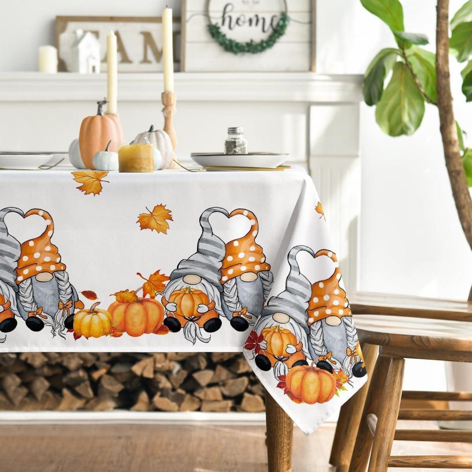LuxusKollektion Tischdecke Tischdecke Herbst Ahornblätter Kürbisse Gnom 140 x 200 cm Weiß