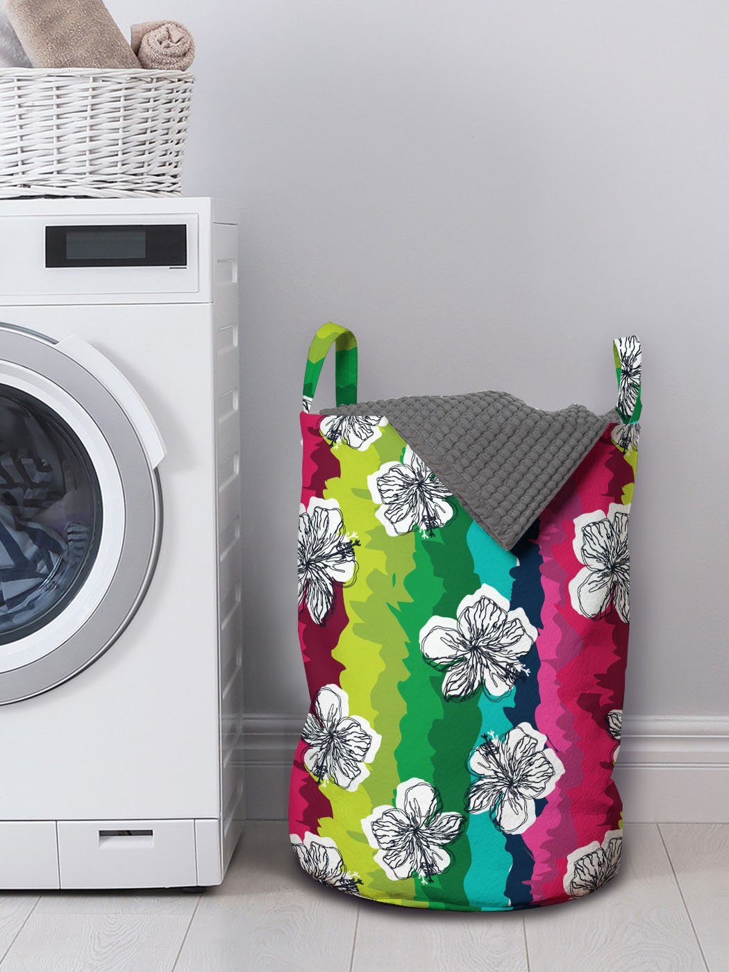 auf Wäschekorb Streifen für bunte mit Hibiscus Waschsalons, Wäschesäckchen Sommer Kordelzugverschluss Abakuhaus Griffen