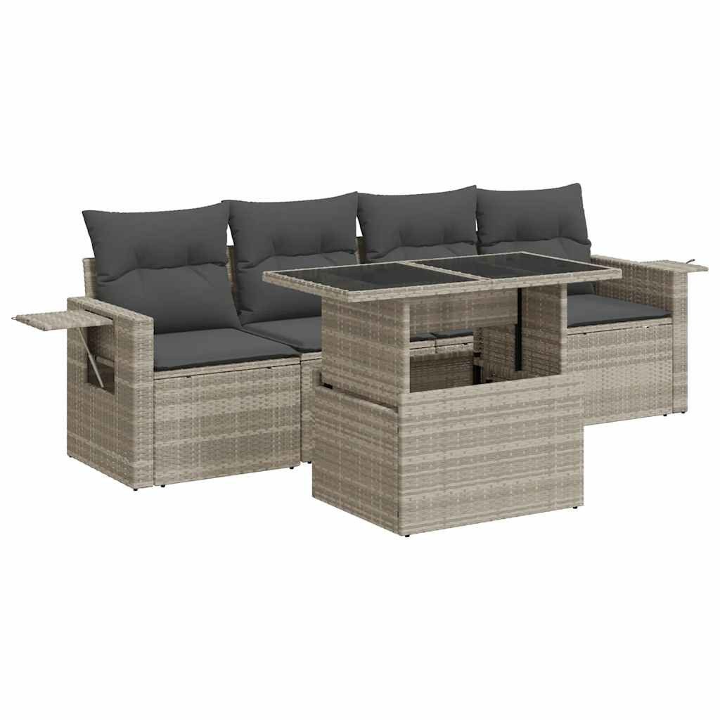 Gartenlounge-Set 5-tlg. Garten-Sofagarnitur mit Kissen Hellgrau Poly Rattan