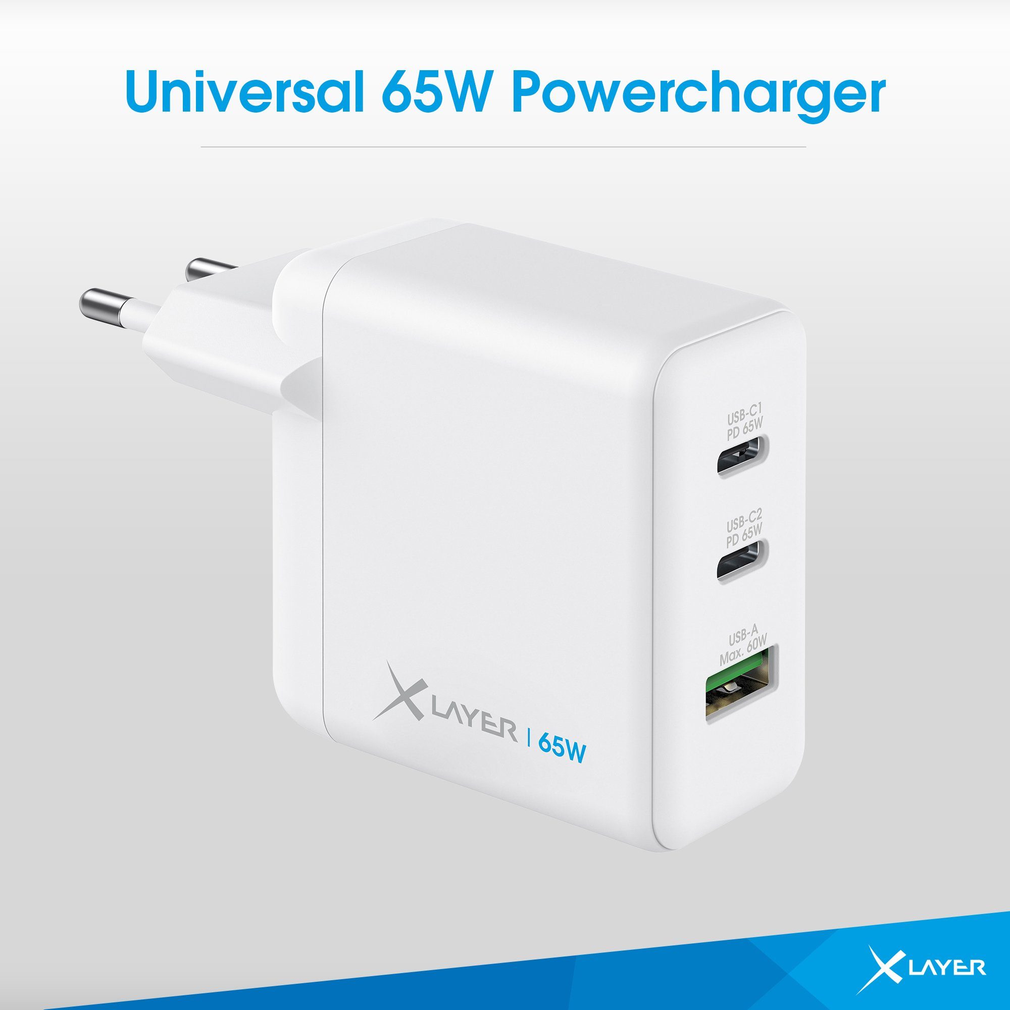 XLAYER Powercharger 65W USB-C Schnellladegerät Technologie GaN 3-Port Weiß Smartphone-Ladegerät