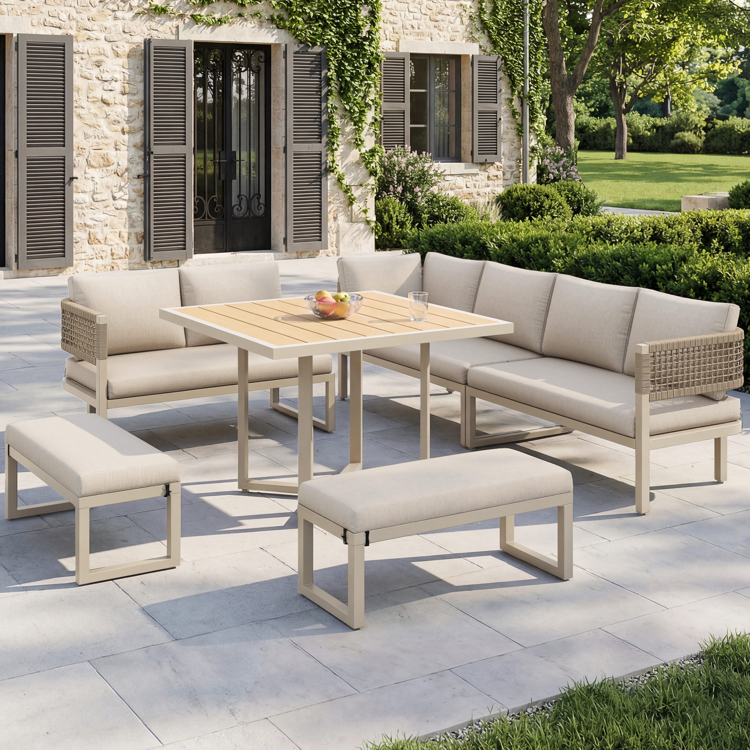 MODFU Gartenlounge-Set mit Holzmaserung, (Outdoor-Sitzgruppe mit Esstisch, verstellbare Beine, 1-tlg)