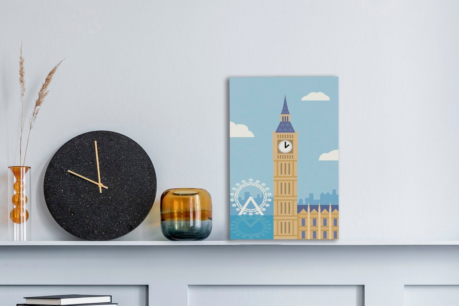 OneMillionCanvasses® Leinwandbild St), Hintergrund vor Gemälde, blauen einem 20x30 fertig Illustration Big Ben (1 bespannt London, Zackenaufhänger, dem inkl. neben des cm Leinwandbild