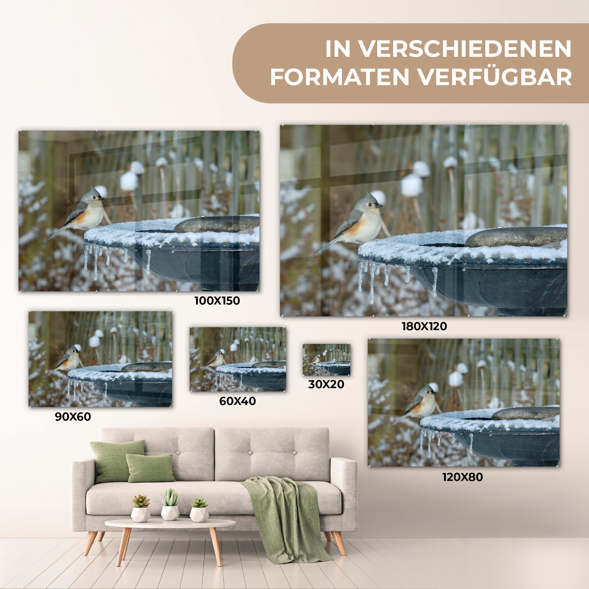 - Wohnzimmer Acrylglasbilder Winter & (1 Acrylglasbild - Meise, St), Schlafzimmer Vogeltränke MuchoWow