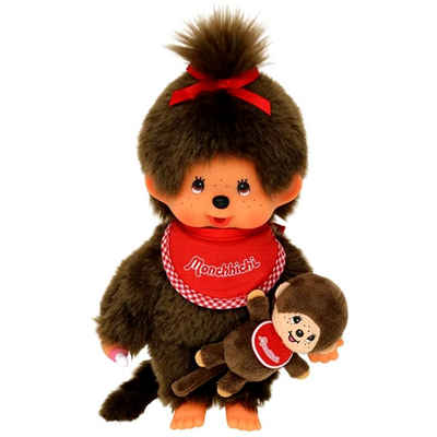 Monchhichi Plüschfigur Mädchen mit Mini Monchi 20 cm Monchhichi Puppe mit rotem Latz