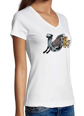 MyDesign24 T-Shirt Damen Pferde Print Shirt - Pferd springt durch Hufeisen V-Ausschnitt Baumwollshirt mit Aufdruck Slim Fit, i145