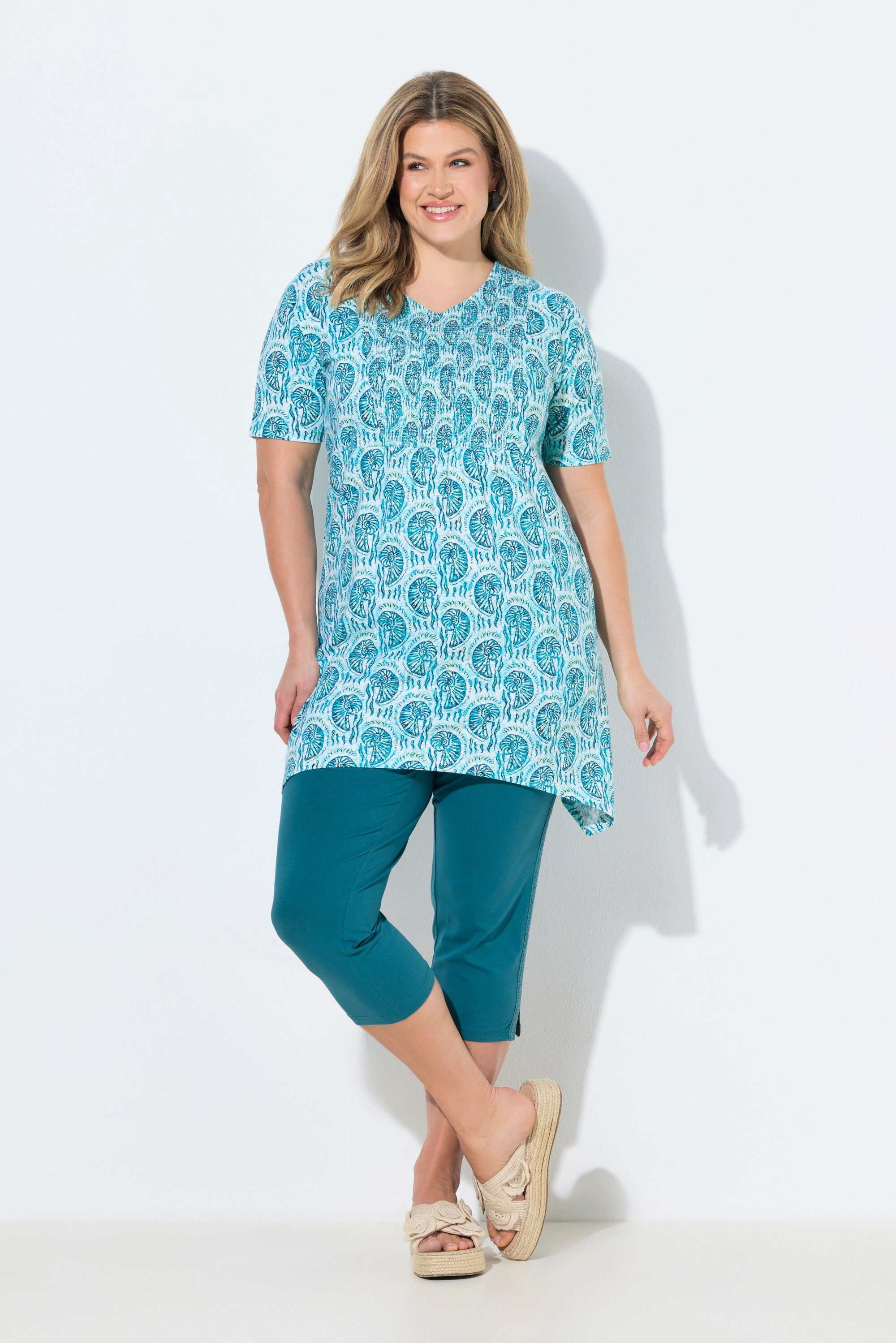Ulla Popken Longshirt Longshirt Muscheln V-Ausschnitt Halbarm