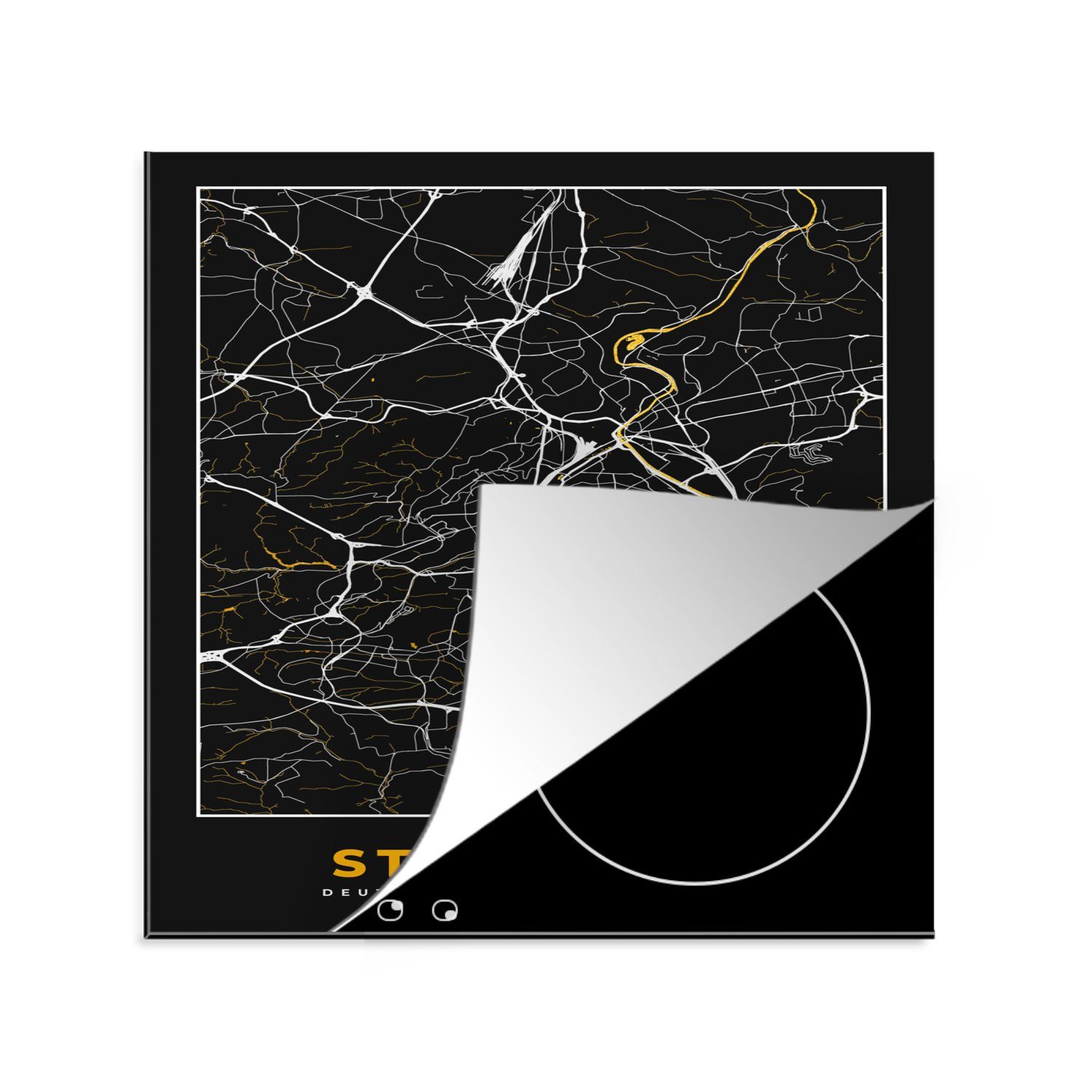 MuchoWow Herdblende-/Abdeckplatte Stuttgart - Gold - Karte - Stadtplan - Deutschland, Vinyl, (1 tlg), 78x78 cm, Ceranfeldabdeckung, Arbeitsplatte für küche