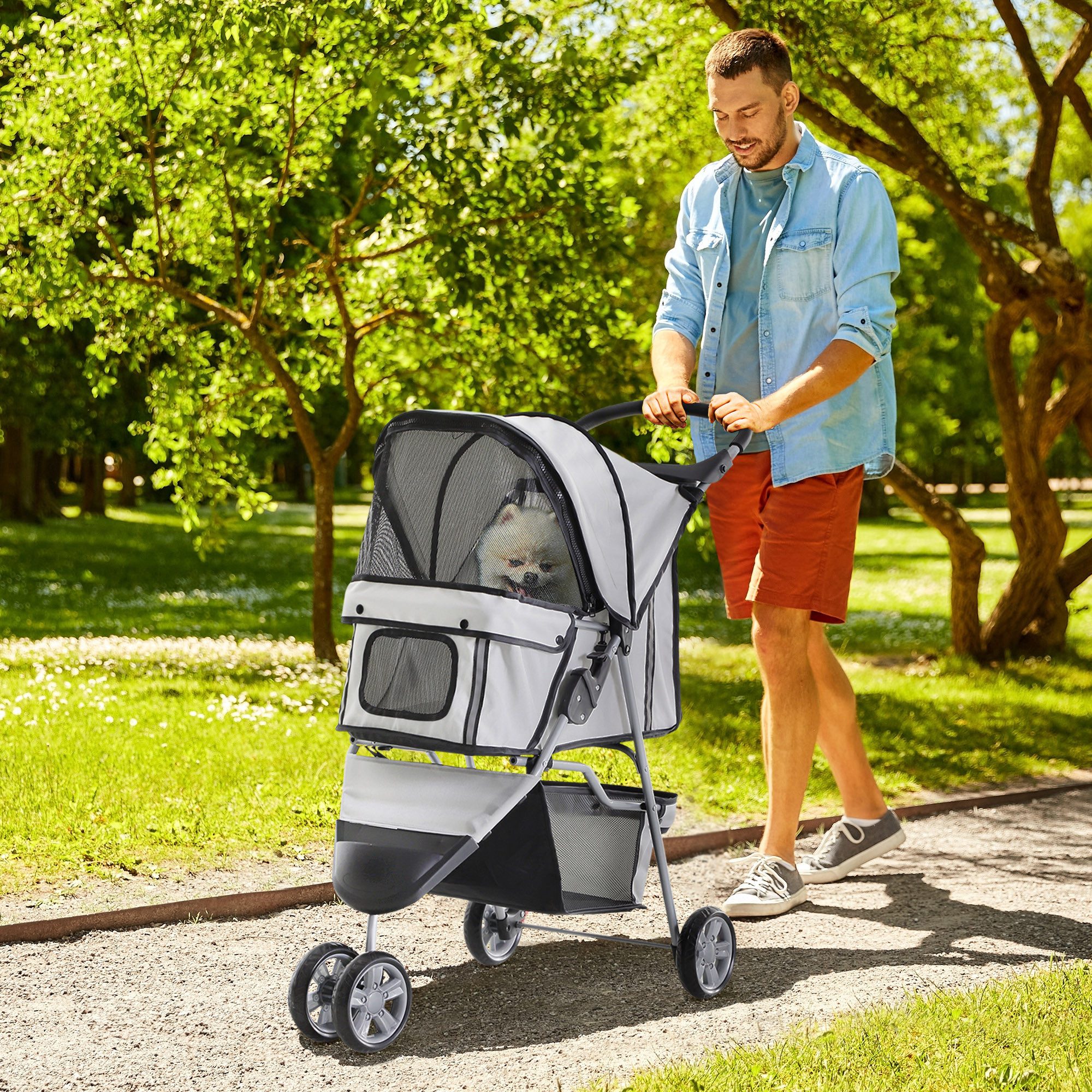 PawHut Hundebuggy Katzenwagen Haustierbuggy verstellbares Verdeck Aufbewahrungskorb, (1-tlg), für Garten, Balkon, Grau