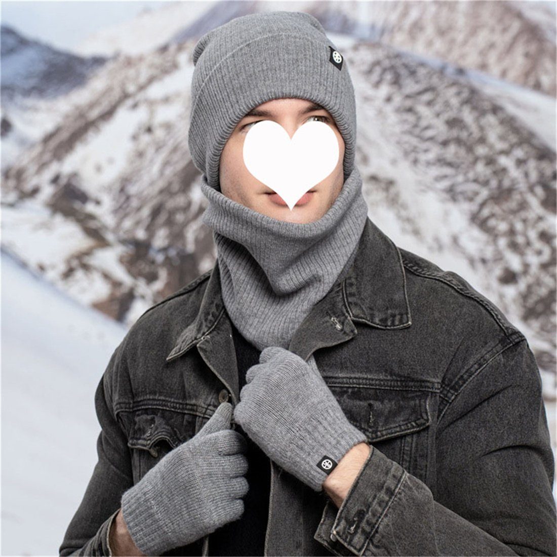 Grau Strickmütze + 3 Piece Handschuhe Warmth Schal Unisex Set, Winter Strickmütze + DÖRÖY