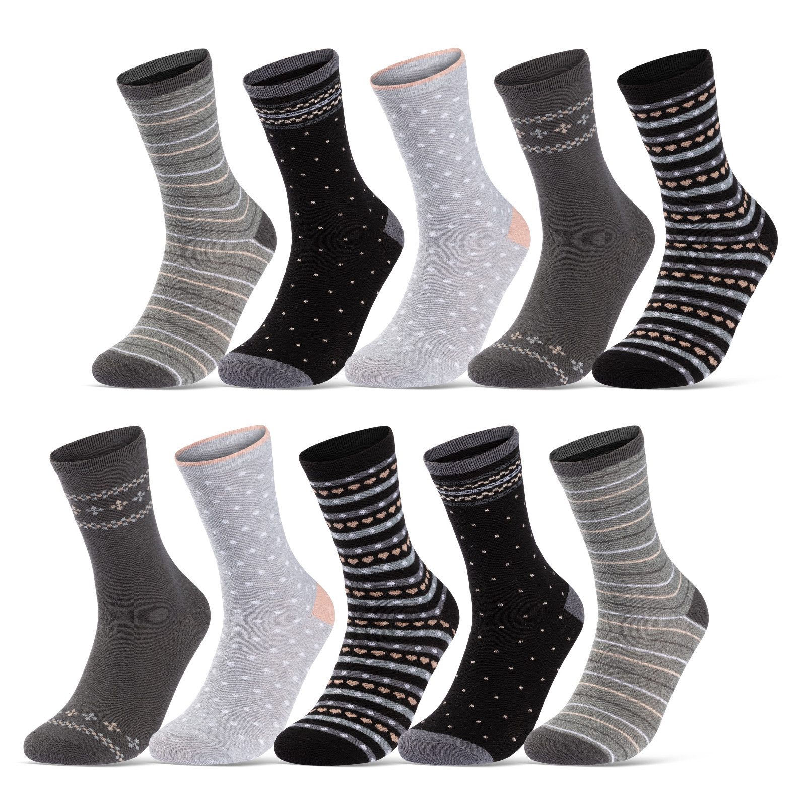 sockenkauf24 Basicsocken 10 Paar Damen Socken Mehrfarbig Streifen Punkte (34977/1, 35-38) Herzen Maritim Baumwolle
