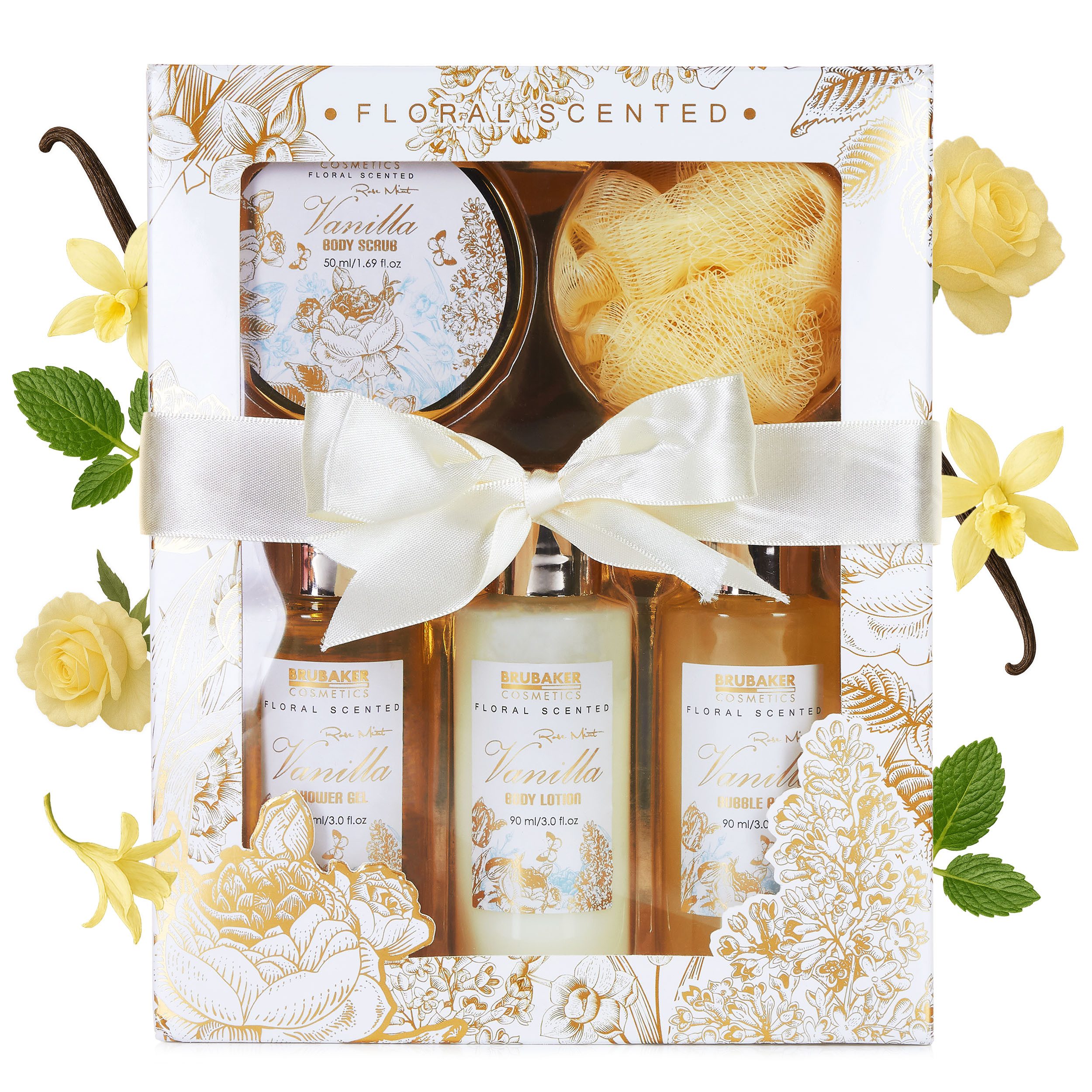BRUBAKER Pflege-Geschenkset Dusch- und Badeset mit Vanille, Rosen & Minze Duft, 5-tlg., Frauen Geschenkset in Sichtfensterbox, Beauty Pflegeset für Damen