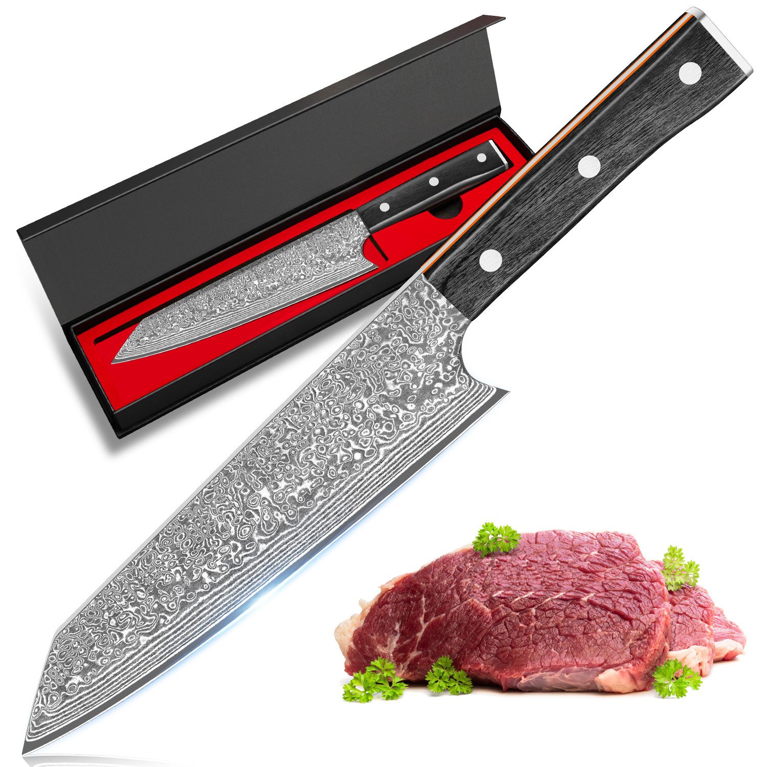 KingLux Damastmesser Kiritsukemesser Damast Küchenmesser Aus 67 Lagen VG10 Damaststahl