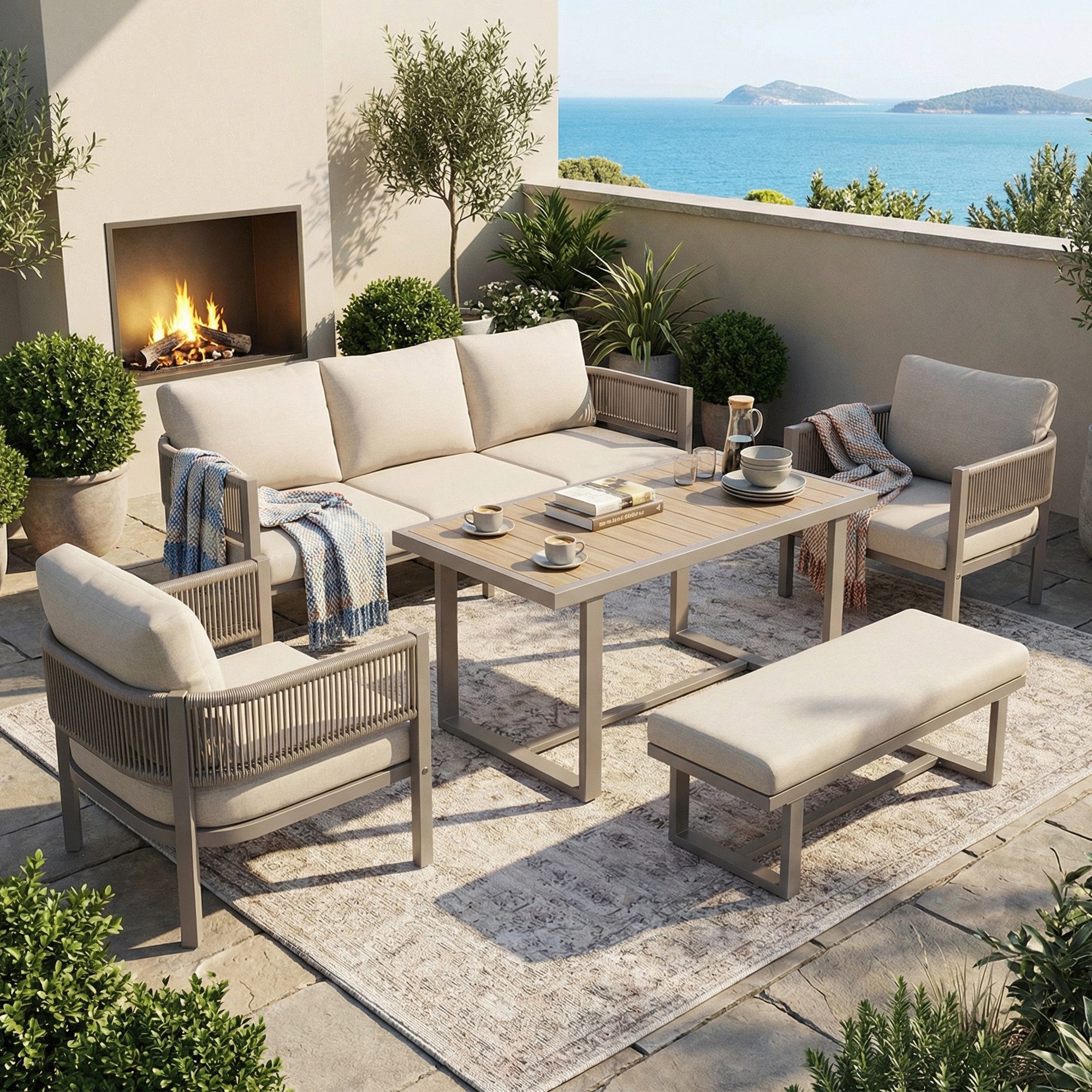 Flieks Gartenlounge-Set, 7-Sitzer Gartenmöbel Sitzgruppe PE-Geflechtseil Kunstholz-Tischplatte