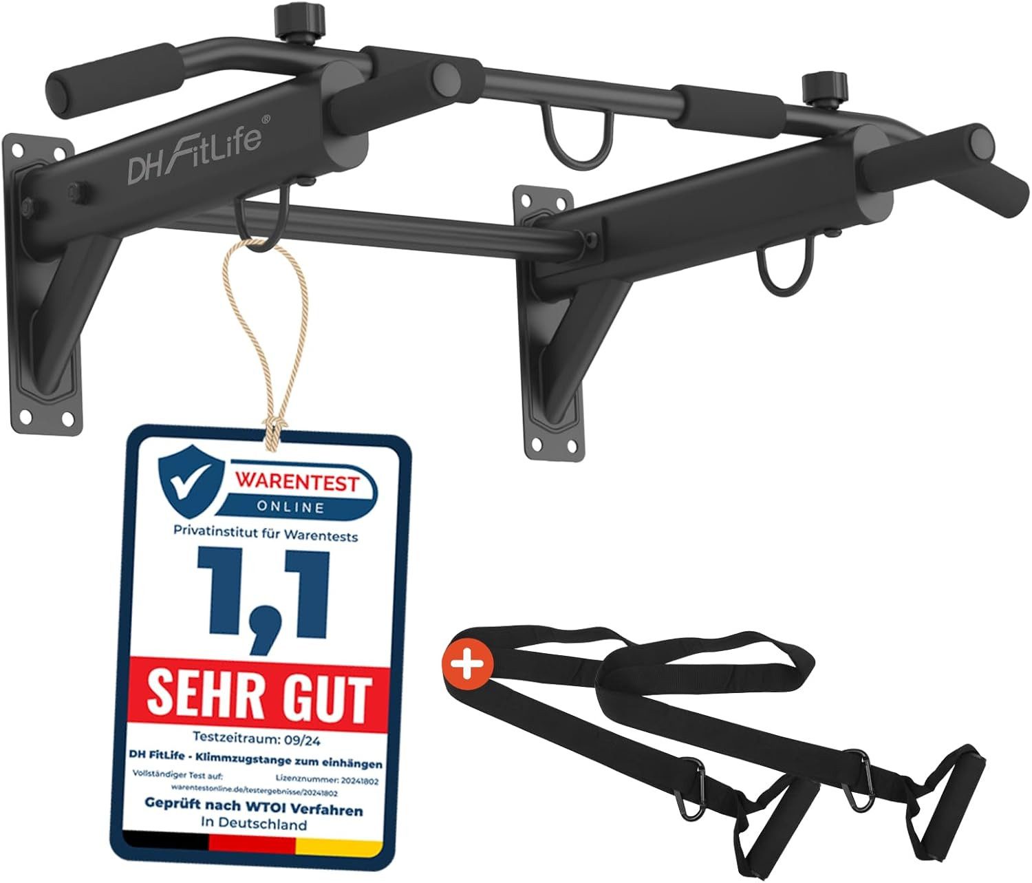 DH FitLife Klimmzugstange zur Wandmontage 4in1 mit Spreizdübel (Multifunktionale Pull-Up Bar für Zuhause bis 200kg, 6 rutschfeste Griffe), 3 Öse für Boxsack & Schlingentrainer, Sicher & Stabil