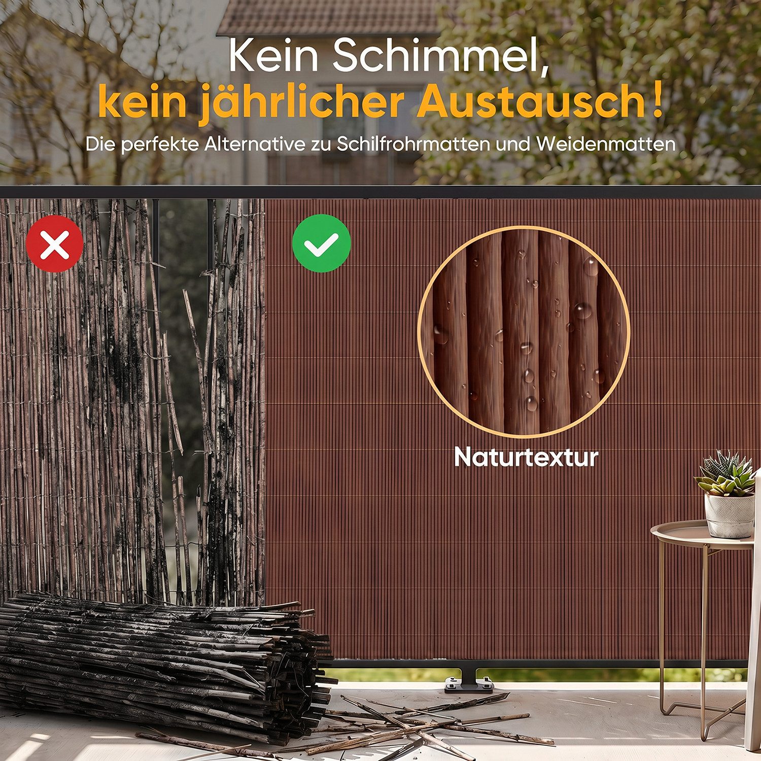 Sekey Balkonsichtschutz Sichtschutzmatte in Natur-Optik, wetterfest für Balkon, Garten & Zaun UV-beständig und wetterfest für Balkon, Garten & Terrasse