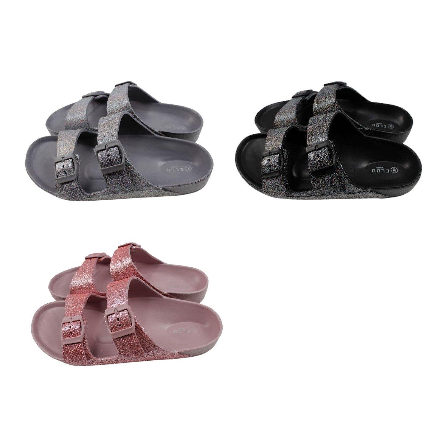 VewoTex Damen Hausschuhe mit Schnallen » Badelatschen » Glitzer Badeschuhe Hausschuh (1 Paar, Kein Set) günstige Sandalen & Slipper – Bild 2 von 2