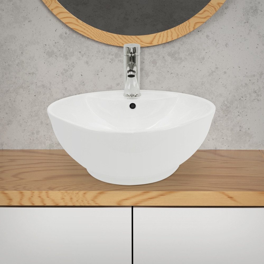 LuxeBath Waschbecken Aufsatzwaschbecken Spülbecken aus Keramik Einbaubecken Wasserfall, Aufsatzwaschtisch für Badezimmer inkl. Ablaufgarnitur mit Überlauf