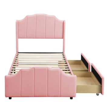 IDEASY Polsterbett Einzelbett, Bettgestell für Kinderbett, 90 x 200 cm, (mit 2 Stauraumschubladen, Samt gepolstert, rosa, mit Kopfteil), einfache Montage