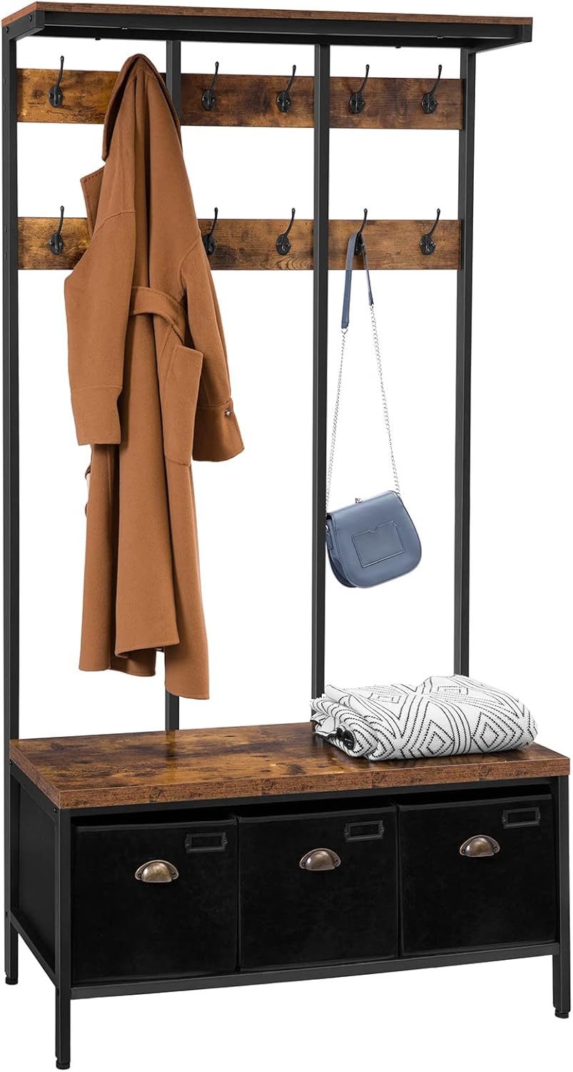 Hoobro Garderobenständer, (mit Sitzbank, Schuhablage & 12 Haken), 100x37x182 cm