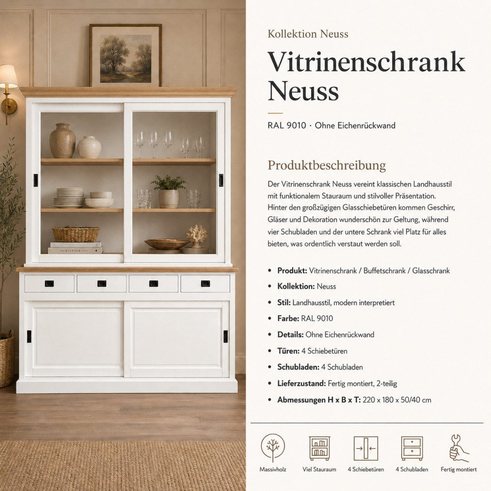 Wohnpalast Vitrine Vitrinenschrank Neuss 180 cm weiß mit Eiche – Landhaus Schrank