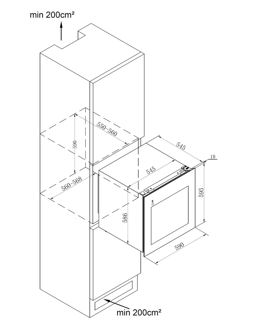 Wolkenstein Einbauweinkühlschrank Wolkenstein EWTS85-36ED Einbau-Weinkühlschrank, für 36 Flaschen,LED-Beleuchtung, 2 Temperaturzonen, regelbares Thermostat