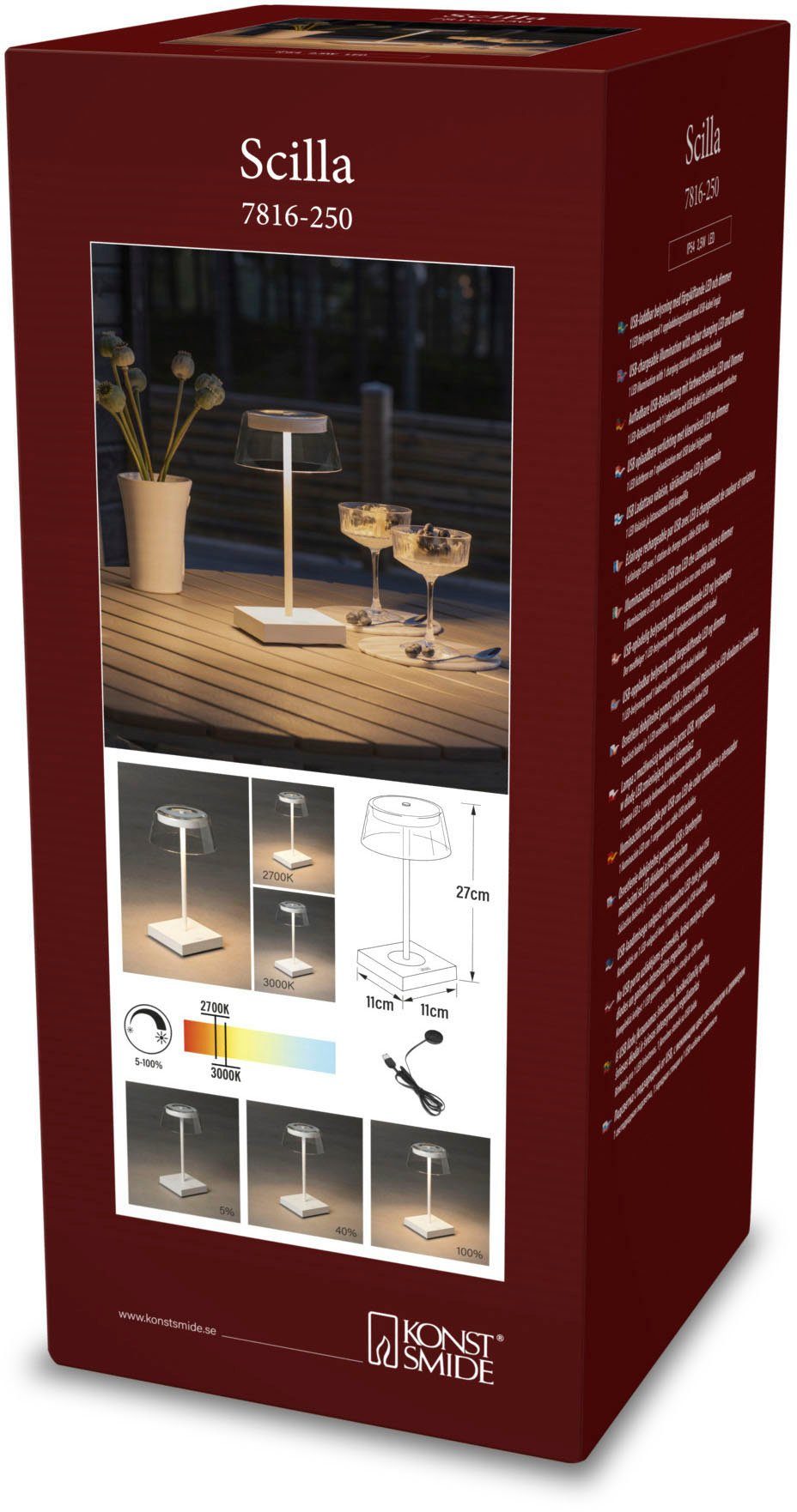 KONSTSMIDE LED Tischleuchte Scilla, LED dimmbar Warmweiß, weiss, USB-Tischleuchte Farbtemperatur, Scilla LED fest integriert