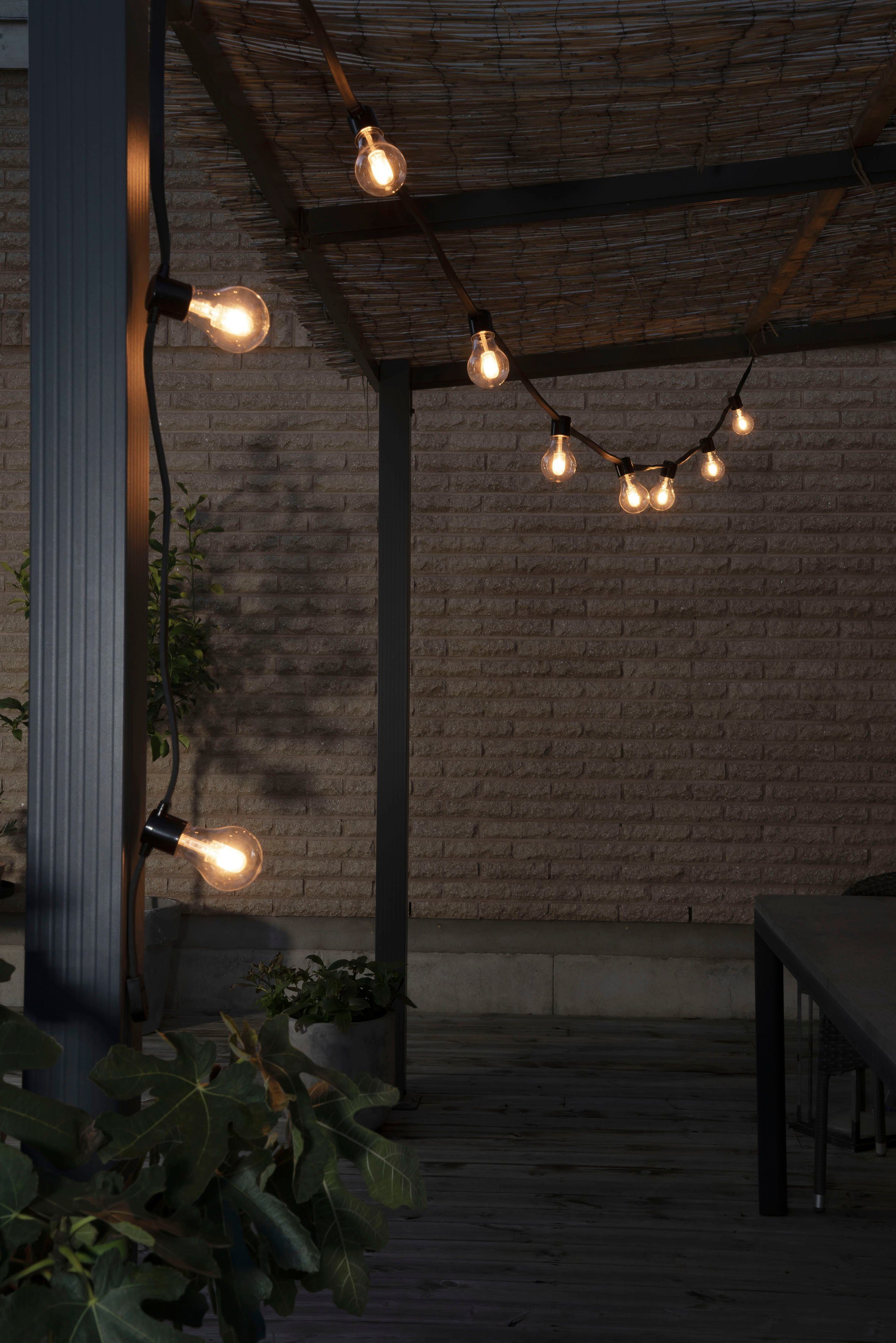 KONSTSMIDE LED-Lichterkette LED Solar Biergartenkette, 10 bernsteinfarbene Dioden, Timer, 10-flammig, Fernbedienbar Dimmbar, 8 Lichtfunktionen,  Solarbox über USB aufladbar