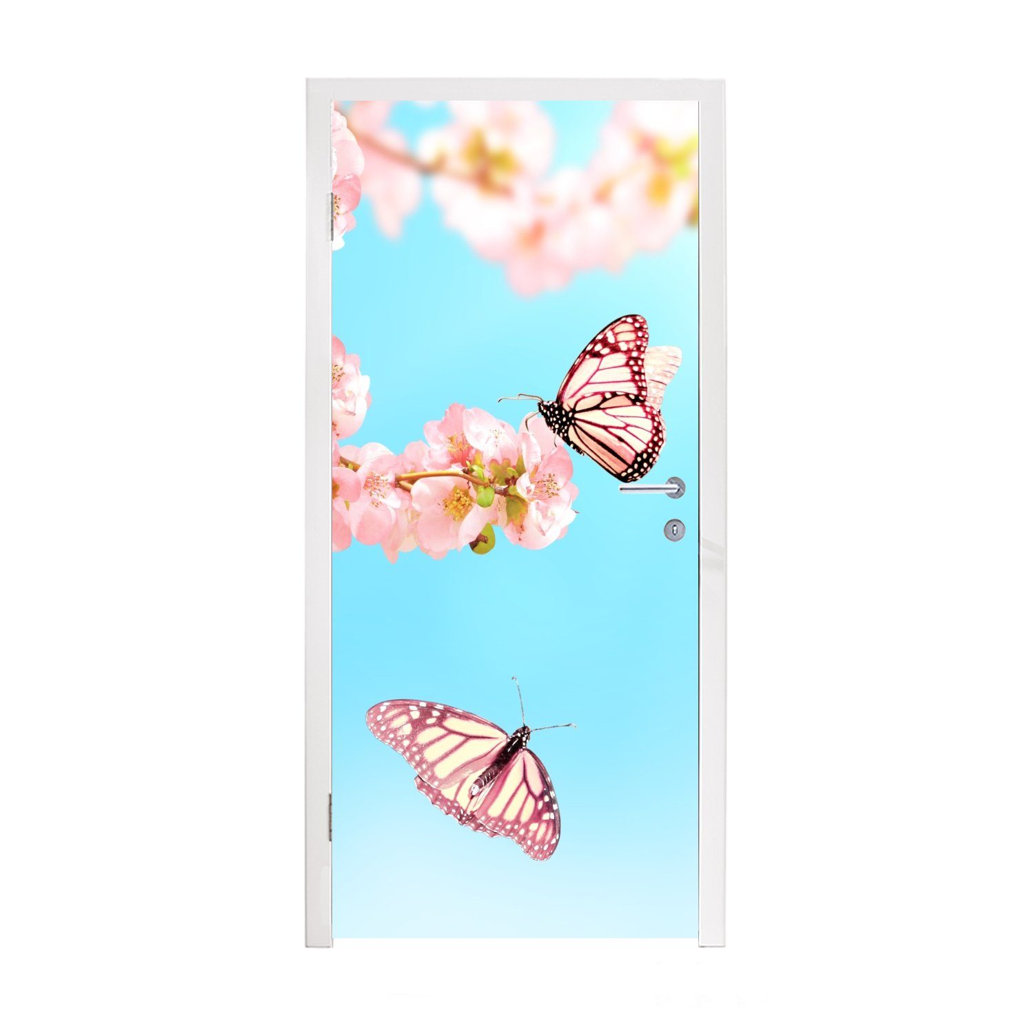 MuchoWow Türtapete Schmetterlinge - Baum - Blumen, Matt, bedruckt, (1 St), Fototapete für Tür, Türaufkleber, 75x205 cm
