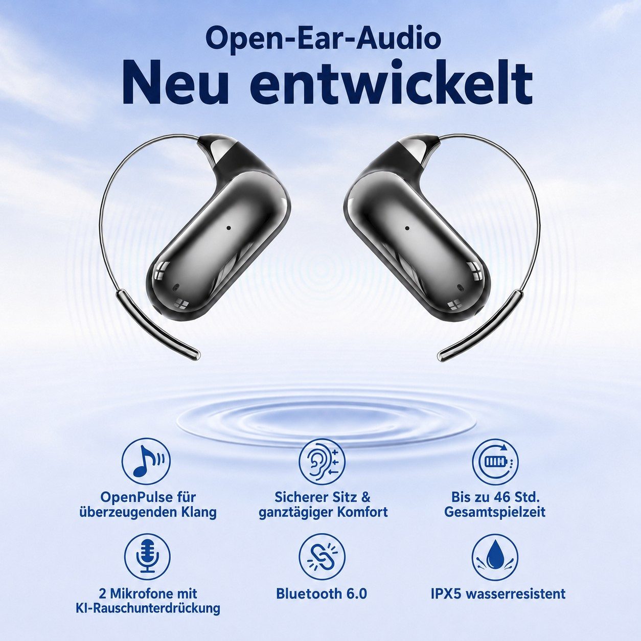 Futicare Bluetooth Kopfhörer Kabellos, Sportkopfhörer mit Ohrbügel, Open-Ear-Kopfhörer (Bluetooth 6.0, 46 Std., 2 Mikrofone, IPX5, Memory-Draht-Ohrbügel für Brillenträger)