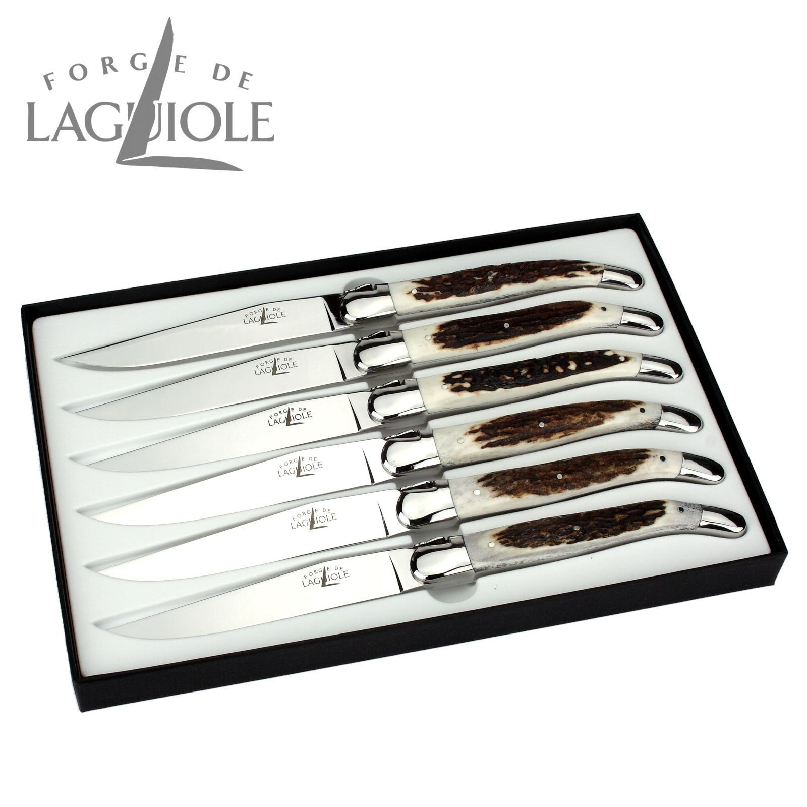 Forge de Laguiole Steakmesser T6 2M IN CF BRI 6er Set - Griff Hirschhorn - Stahl glänzend - Aufbewahrungsbox