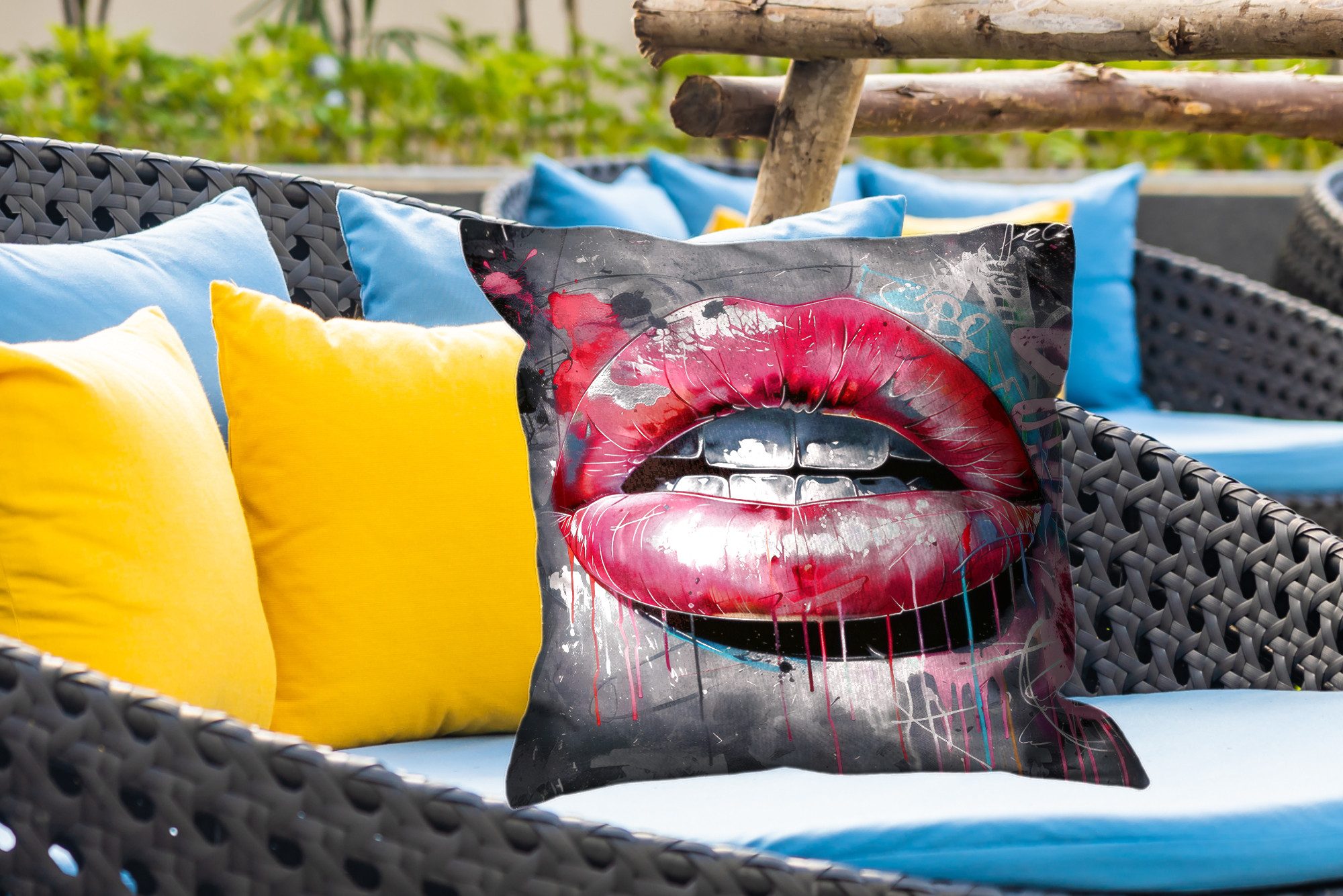 MuchoWow Dekokissen Lippen - Leuchtendes Rosa - Graffiti - Farbstreifen, Kissenhülle für den Außenbereich, Outdoor, Kissen, 60x60 cm