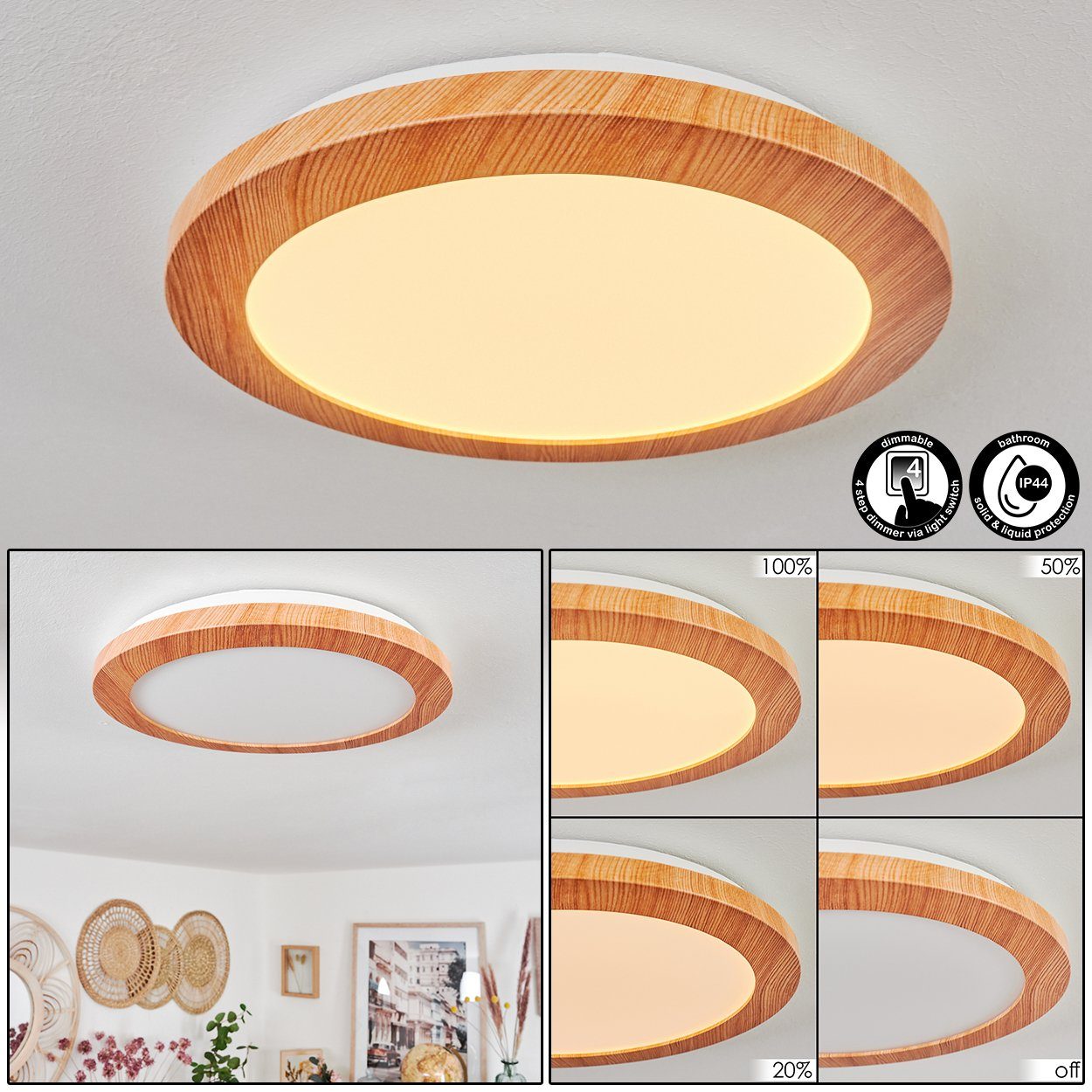 hofstein Deckenleuchte dimmbare Deckenleuchte aus Metall/Kunststoff in  Holzoptik/Braun/Weiß, LED wechselbar, 3000 Kelvin, (26cm), dimmbar über  Lichtschalter, max. 1500 Lumen, IP44