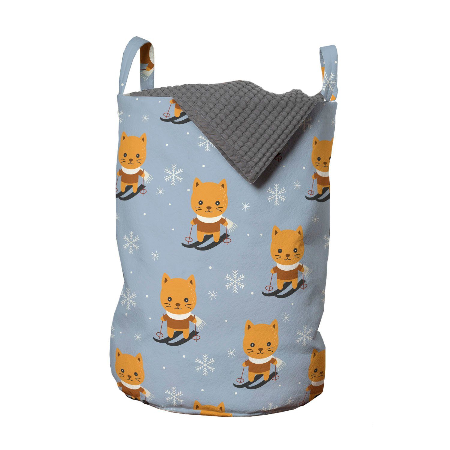 Wäschekorb Waschsalons, Ski-Muster und Wäschesäckchen Abakuhaus Snowflake Kitten mit Griffen Kordelzugverschluss für